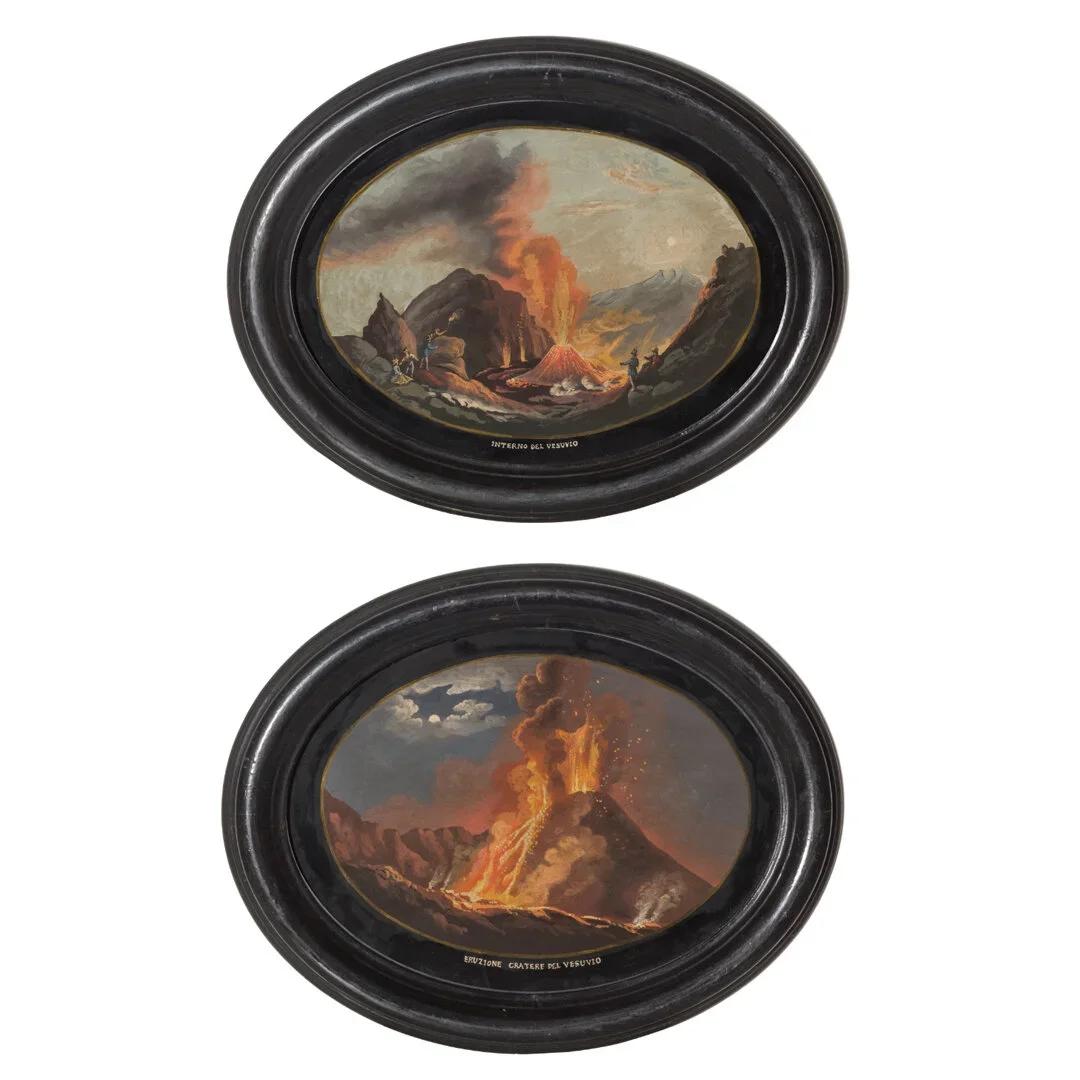 SOLD: Pair of oval shaped gouaches, depicting eruption of Vesuvius