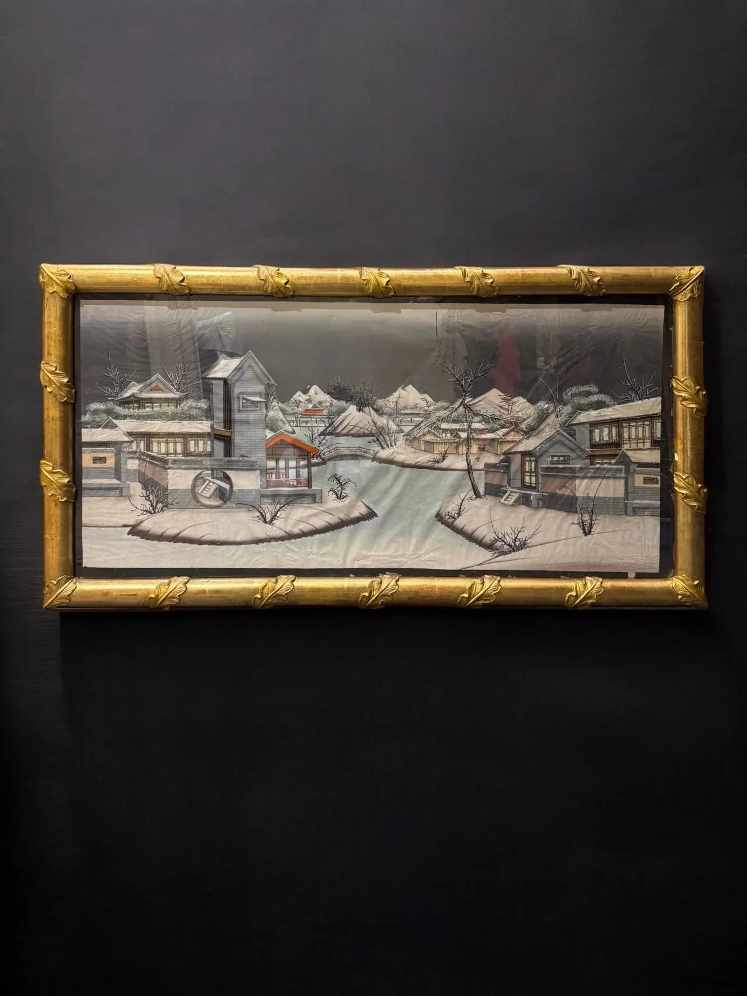 SOLD: Tempera on silk, depicting snowy landscape, with french carved and gilded frame, Japan