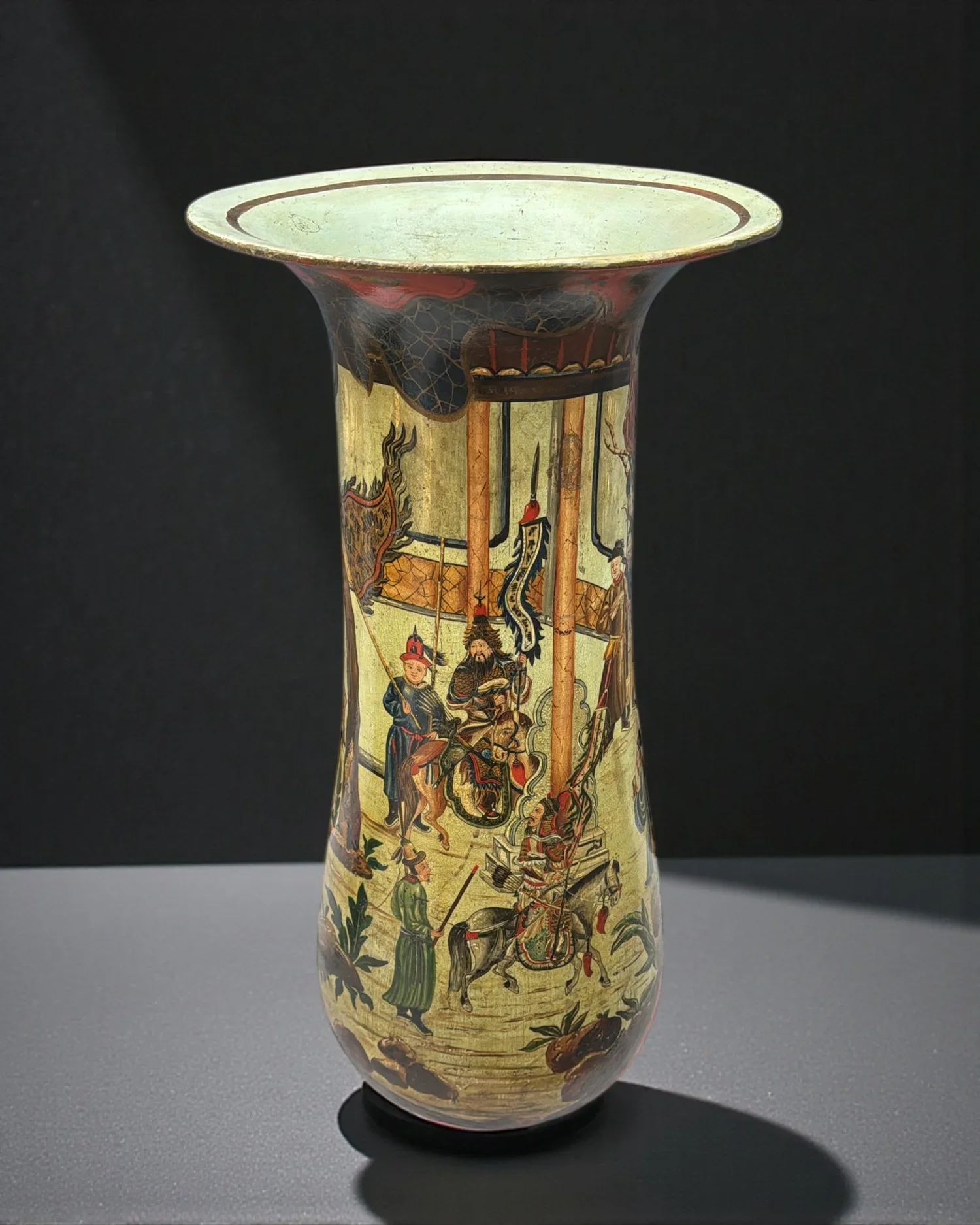 Large terracotta trumpet vase painted in chinoiserie motifs