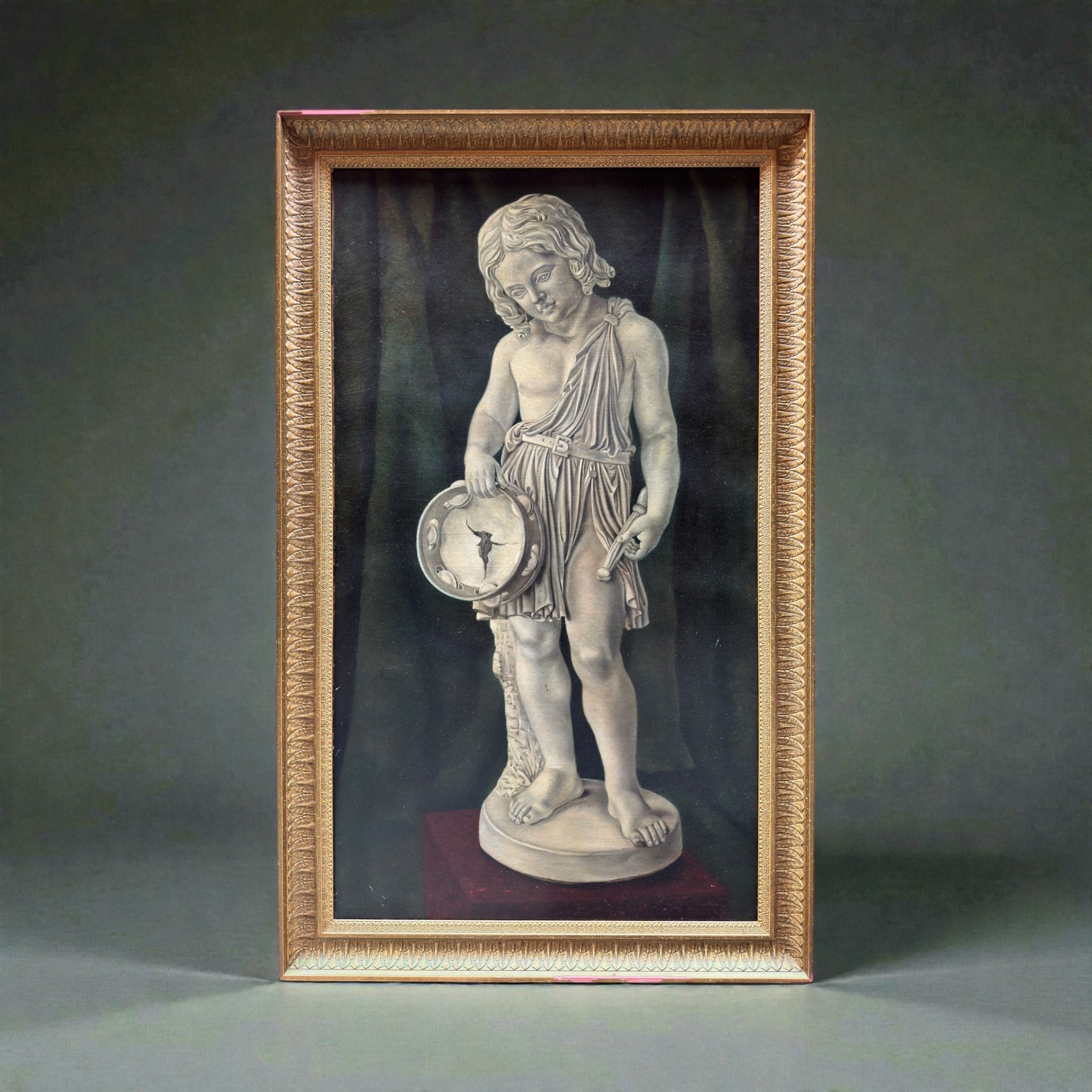 Oil on canvas, grisaille of a boy with a tambourine