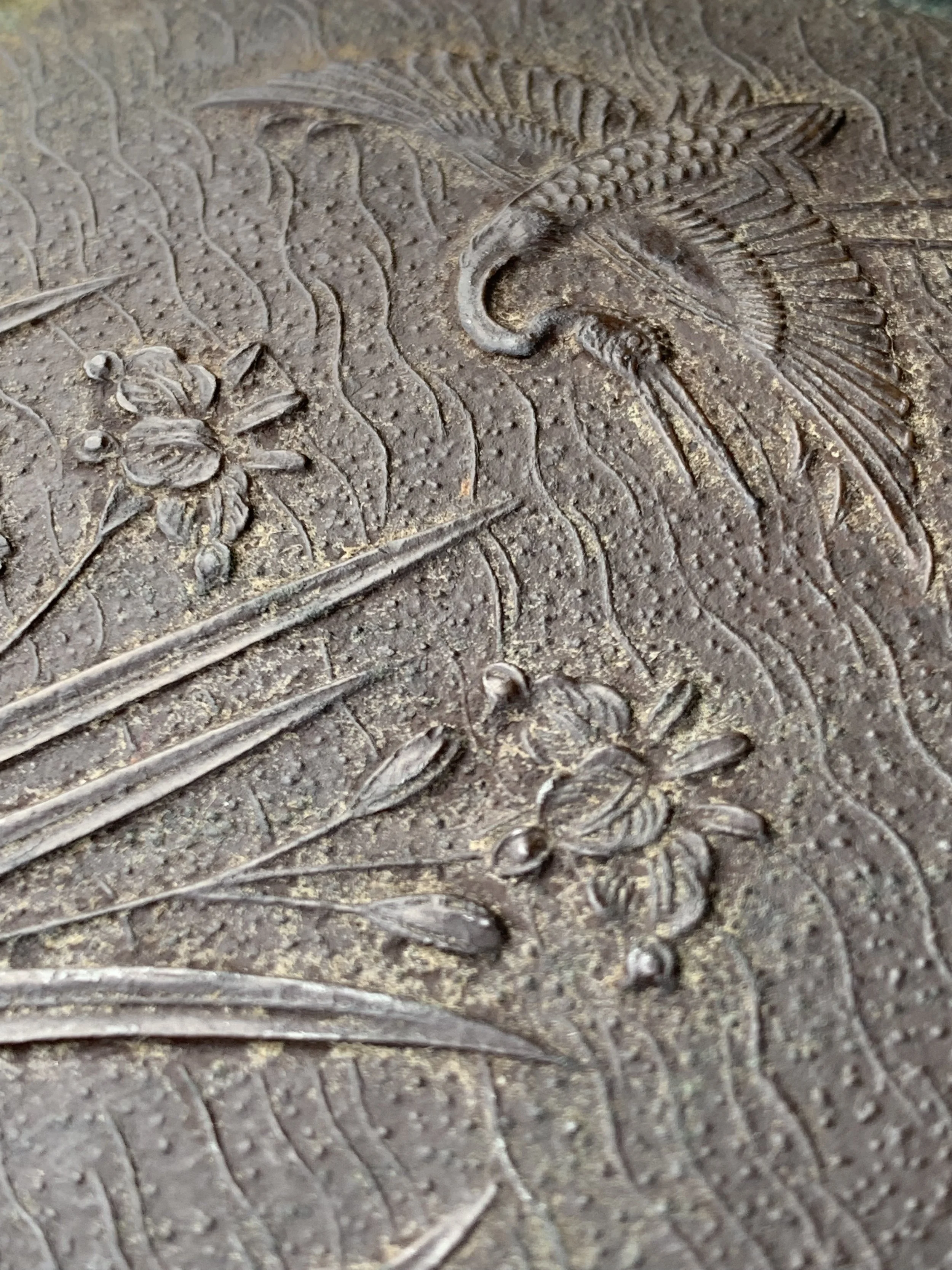 Close-up of a detailed engraved fossil showing a bird, insects, and plants on a textured surface.