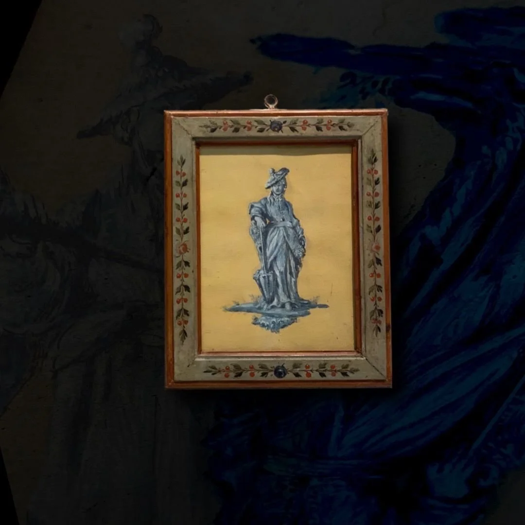 Painting of a lady standing in a dress and hat, holding a parasol, framed with a decorative border, hung on a wall.