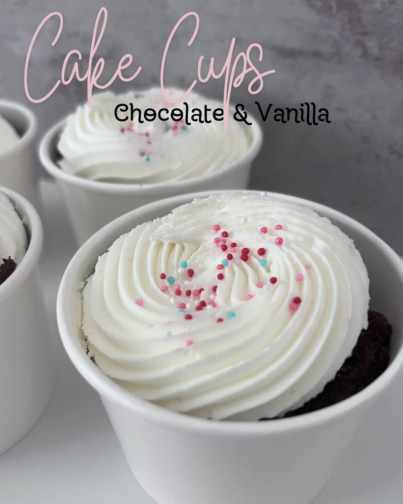 ✨New Product✨ Cake Cups are filled to the brim with irresistible chocolate or vanilla cake scraps and topped with creamy vanilla buttercream. 

🍰Available for pickup this week:
6- Vanilla 
6- Chocolate 

$6 each. Pickup today or tomorrow. Message me