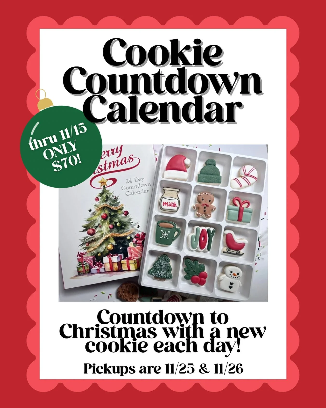 This week only! The 24 day cookie countdown is $10 off! 
Each day you have a specially decorated cookie waiting for you to get you into the holiday spirit. A great gift for kids from their elf or for you to enjoy with your morning coffee!