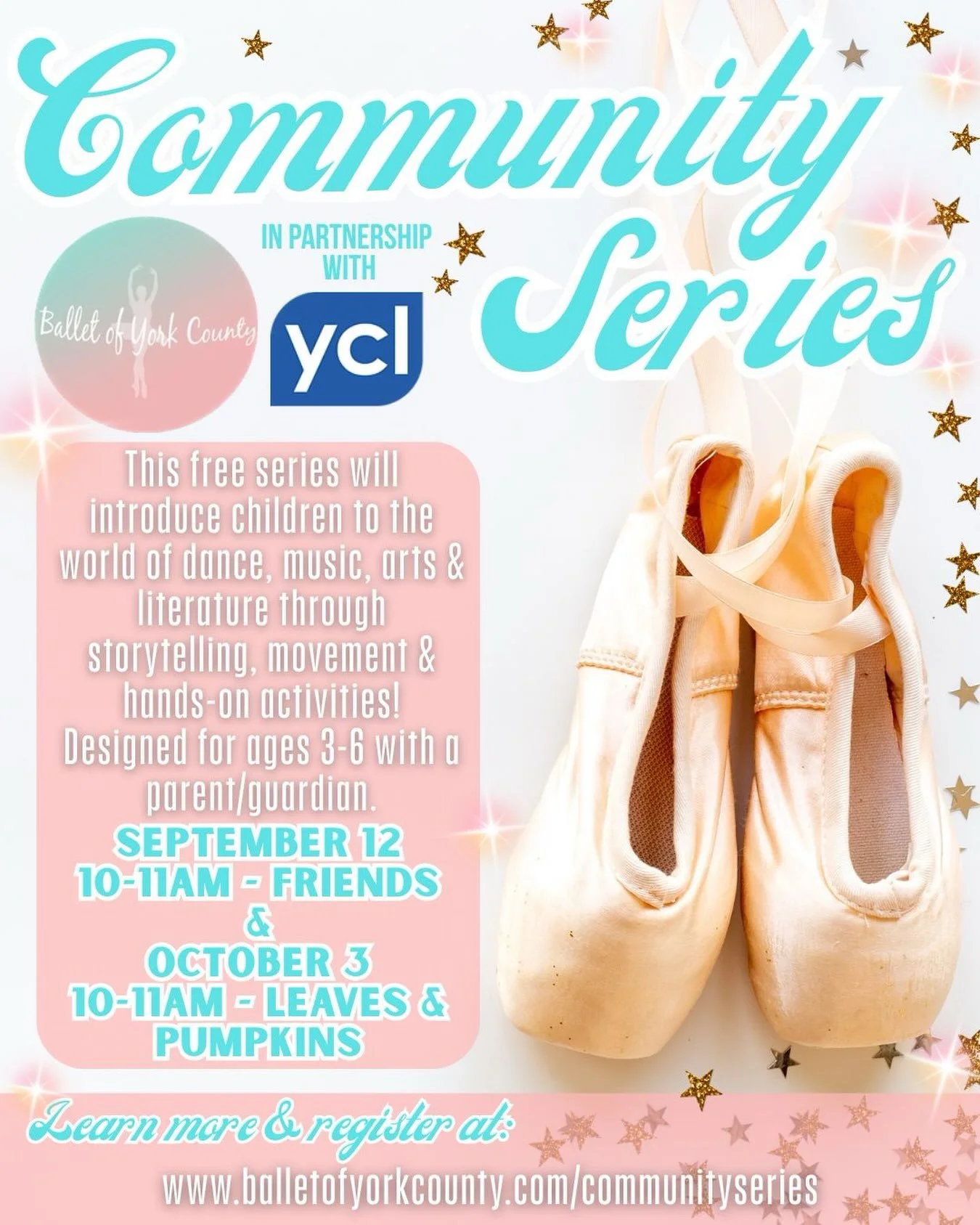 ✨Ballet of York County is excited to announce our new Fall Community Series!✨

Saturday, September 12- Friends
10-11am
&amp;
Saturday, October 3- Leaves &amp; Pumpkins
10-11am

Ballet of York County Studio
420 Dave Lyle Blvd, Rock Hill, SC

These fre