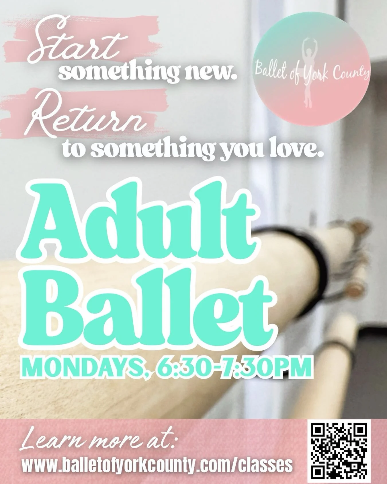 Start something new. Return to something you love.✨🩰
.
.
Ballet of York County&rsquo;s Adult Ballet class focuses on beginning fundamentals and technique while enhancing flexibility, strength and endurance. Adult Ballet meets Mondays from 6:30 - 7:3