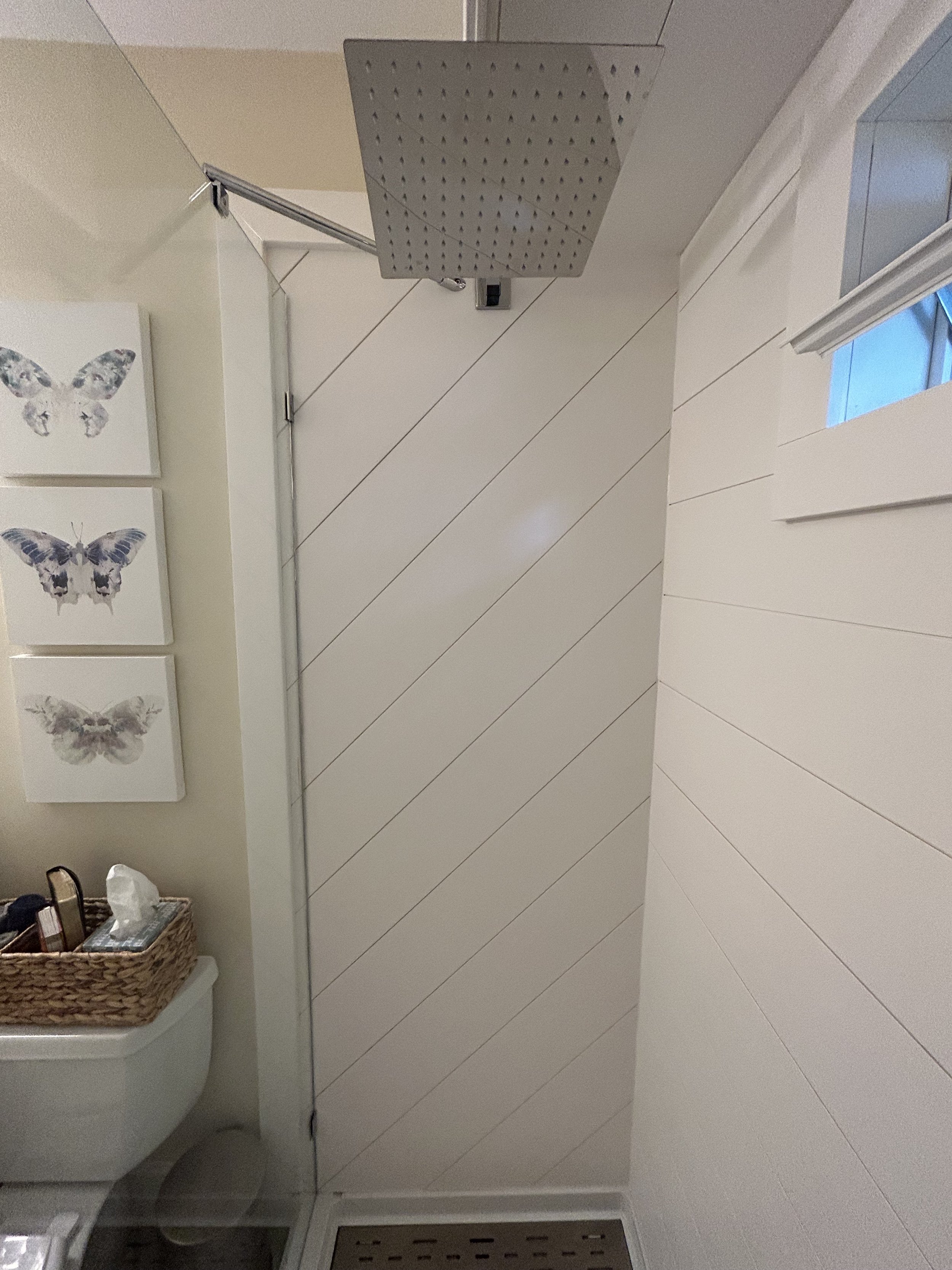 Note the diagonal shiplap accent wall