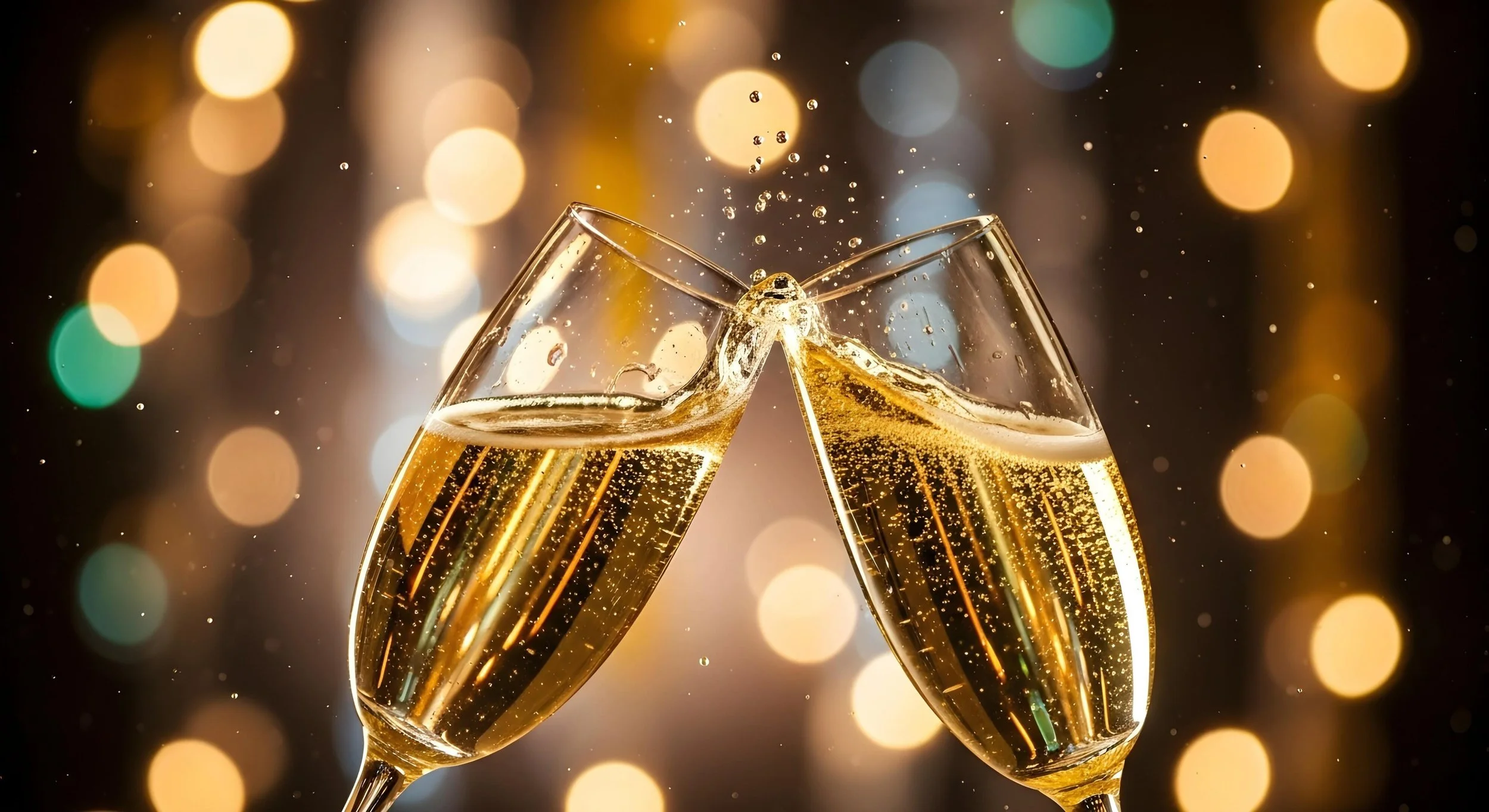 Two champagne glasses clinking in celebration with golden bubbles and a blurry, festive bokeh background.