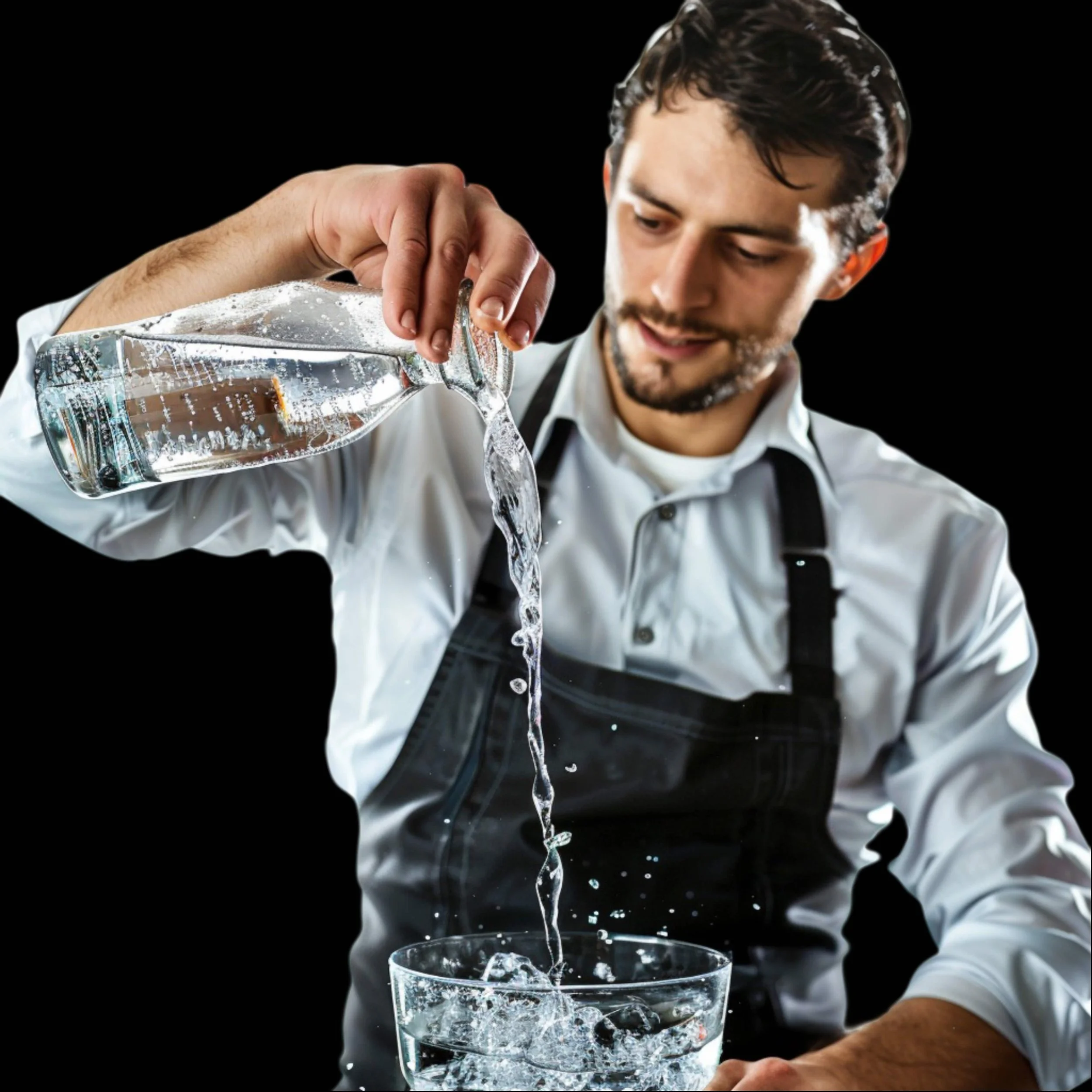 A mixologist preparing a premium cocktail. He is smiling slightly and focused on the pouring, with a black background.