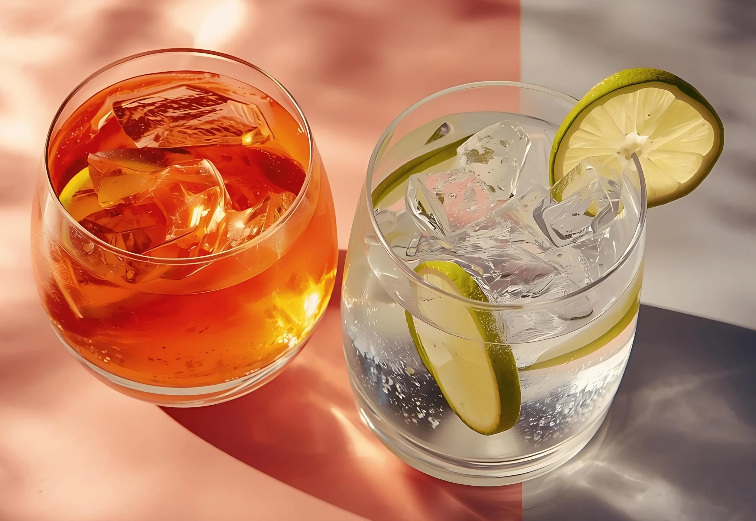 Two glasses with ice, one containing an amber-colored drink, and the other with clear liquid, sliced lemons, and lime slices representing his and her cocktails.