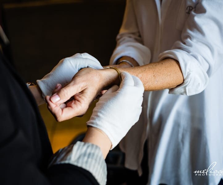 Lots of companies claim to offer &quot;white glove service&quot; but we mean it literally around here! Our team always wear white gloves when handling gowns, jewelery, and other special details on wedding day! 📸 @melissasiglerphoto