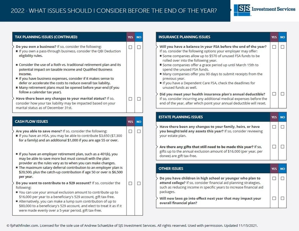 What Financial Issues Should You Consider Before Year-End? | SJS Investment  Services