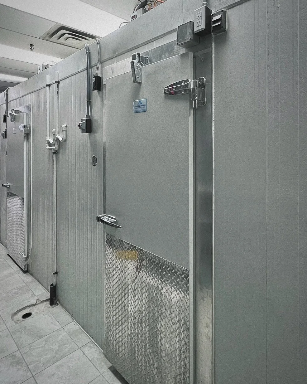 Industrial walk-in freezer or cold storage room with metal doors and utility panels.