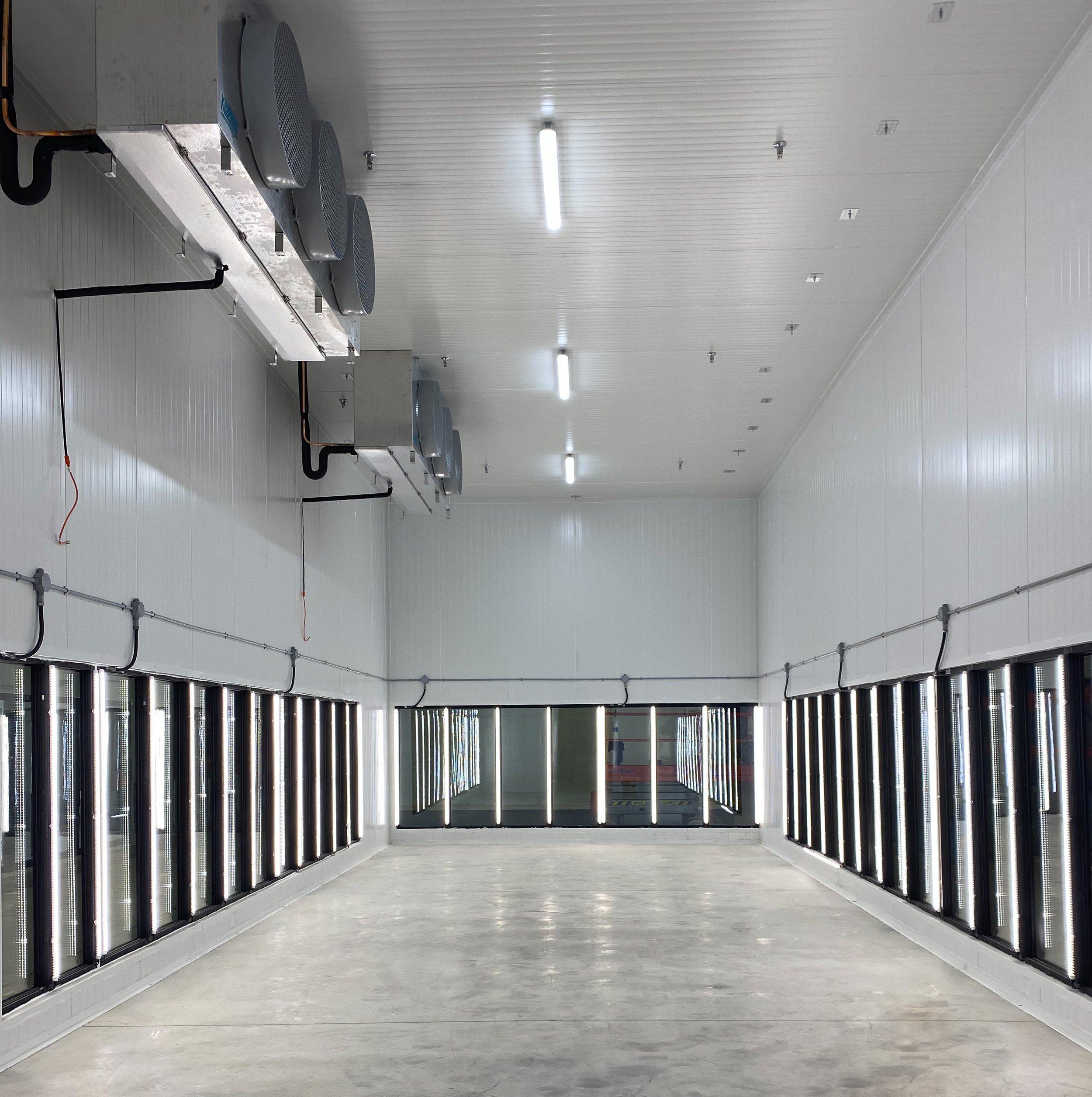 Empty refrigeration room with glass doors grille on side walls and ceiling lights
