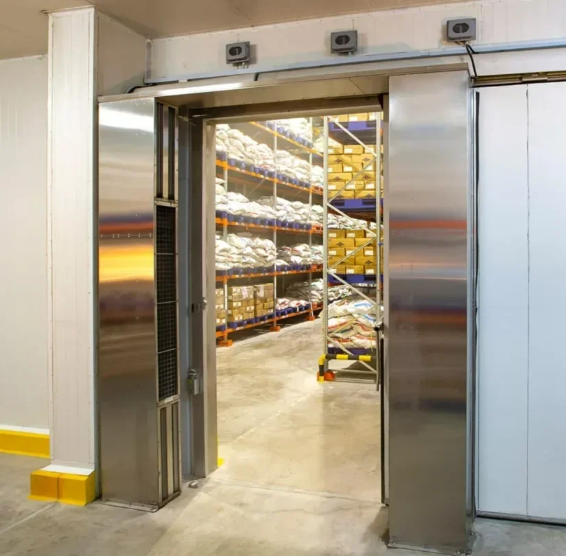 View into a warehouse storage room with metal shelves filled with boxes and bags, seen through an open stainless steel sliding door.