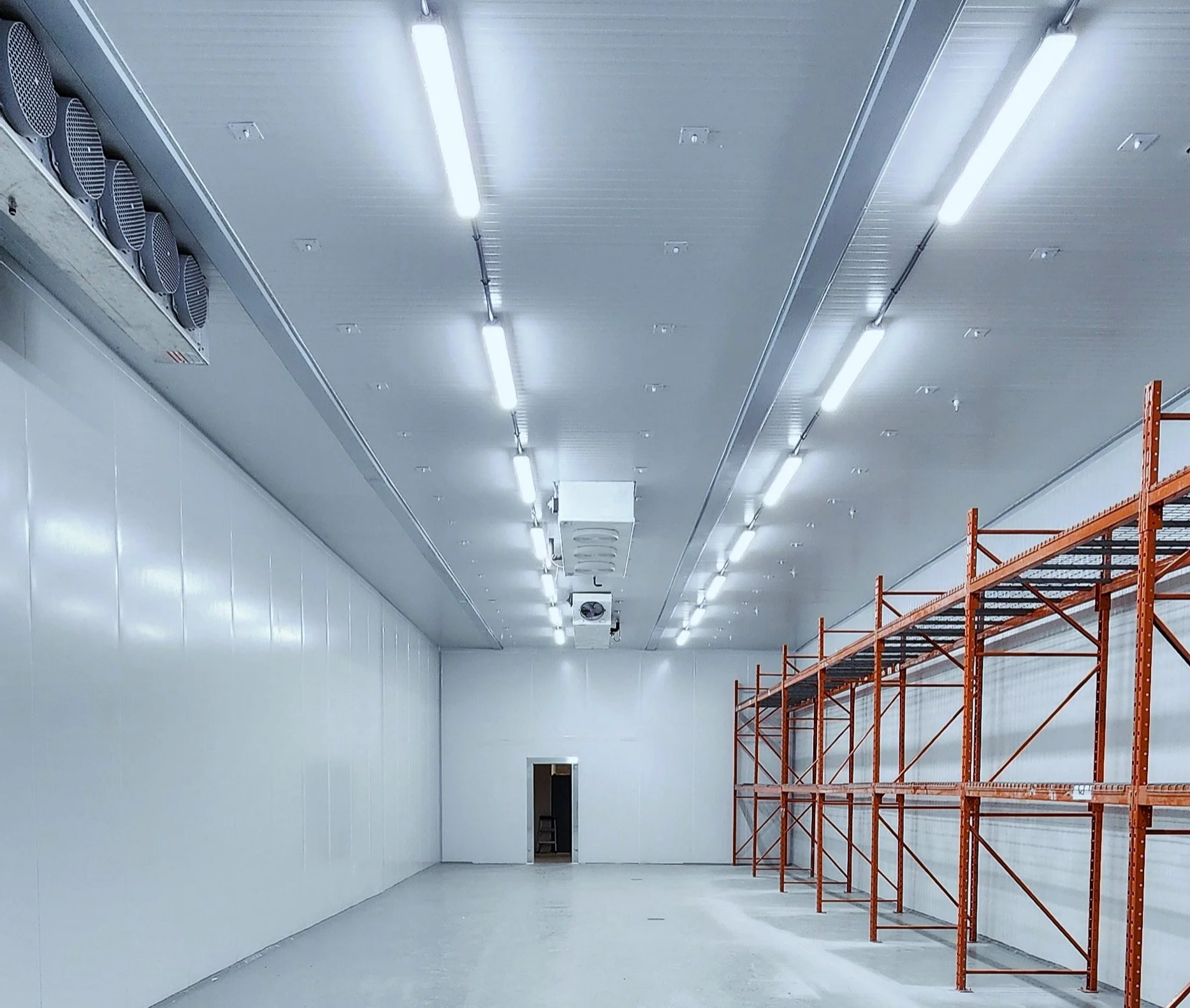 Empty warehouse or storage room with white walls and ceiling, orange industrial shelving unit along the right wall, fluorescent lights overhead, and an open doorway at the back.