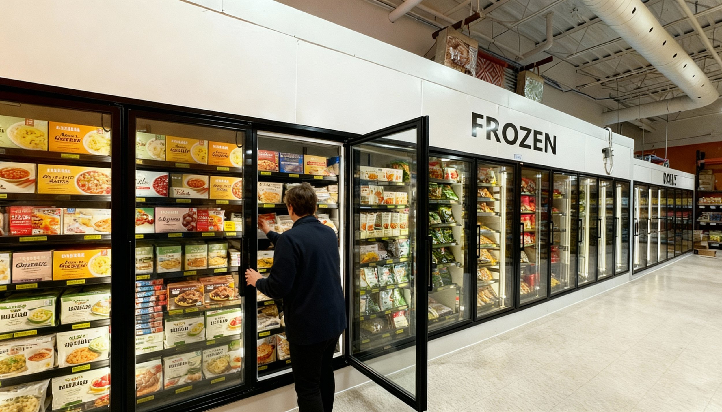 A person shopping in the frozen foods section of a supermarket, looking at frozen meal options behind glass doors, with a large sign that says 'FROZEN' above the section.
