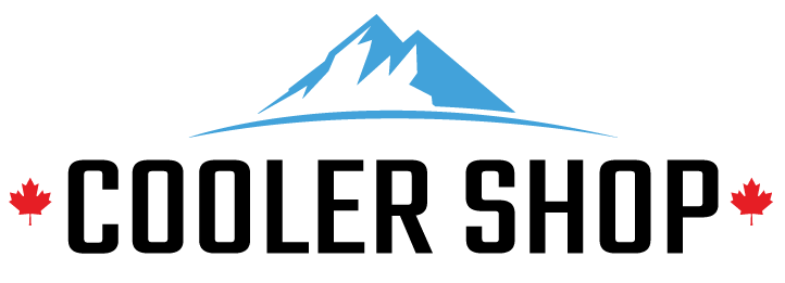 Logo for Cooler Shop featuring a stylized mountain, with red maple leaves on each side, and the text 'Cooler Shop' underneath.