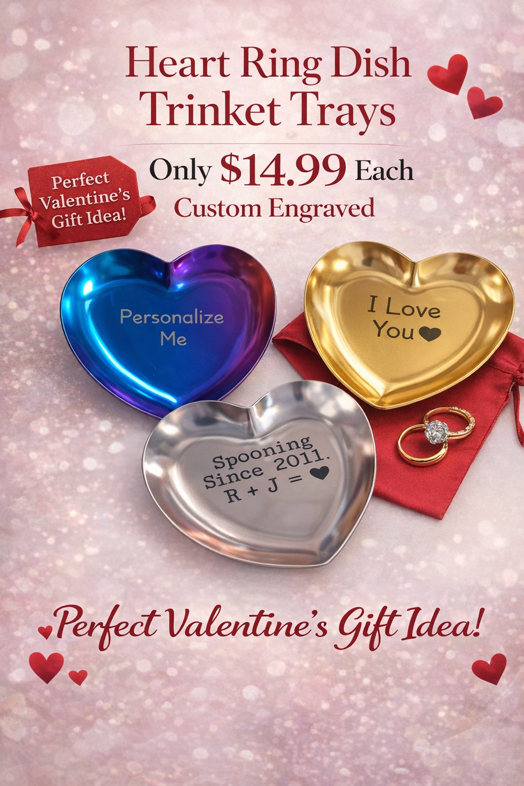 Personalized Ring Dish Trinket Tray, Choice of Heart or Round - Custom Engraved Jewelry Storage - Silver Stainless Steel Metal Organization