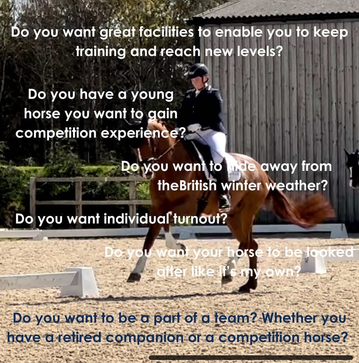 💭 ❓ Here is a few questions for you&hellip;. If the answer is yes maybe becoming a part of TCE could be for you?! ❓ 💭 

Whether long term or for short term training/schooling. 

🦄Full riding and full non-riding livery available🦄

If you&rsquo;d l