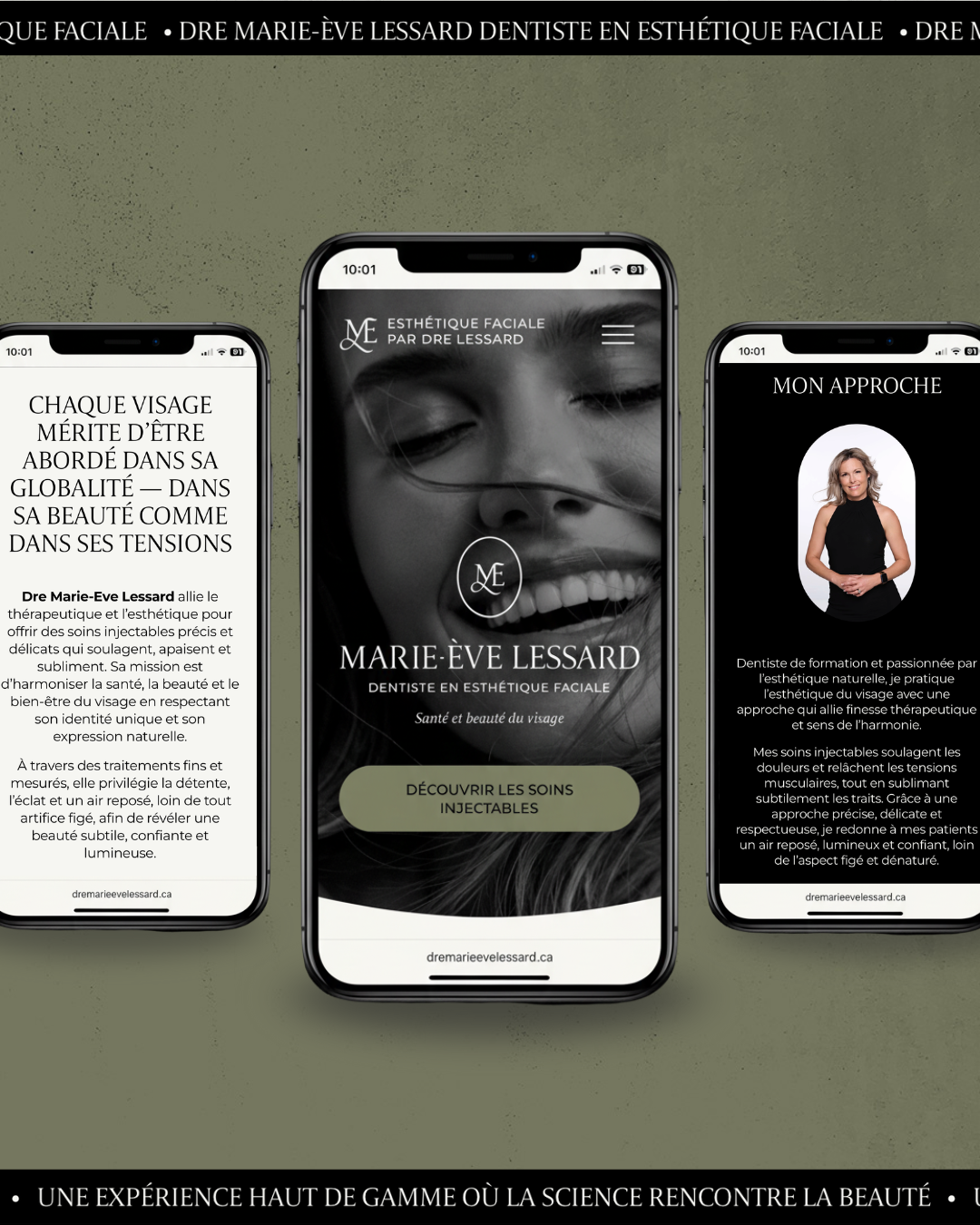 Version mobile du site web pour Dre Marie-Ève Lessard - Dentiste en soins médico-esthétique à Sherbrooke