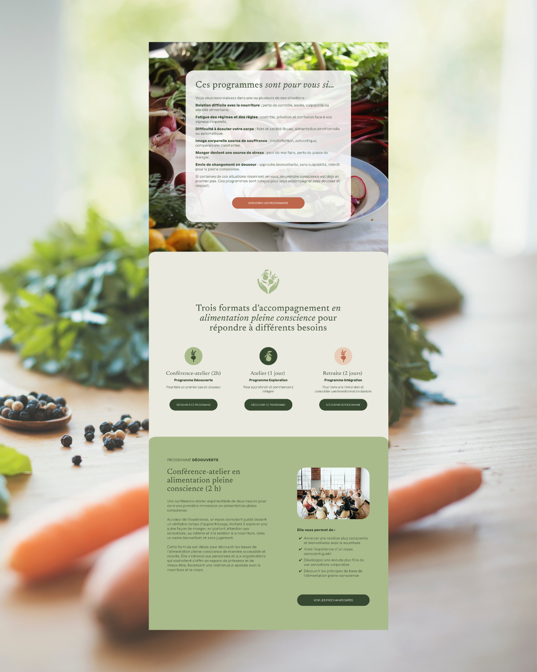 Projet de refonte web pour un site de services en alimentation pleine conscience - conçu sur la plateforme Squarespace