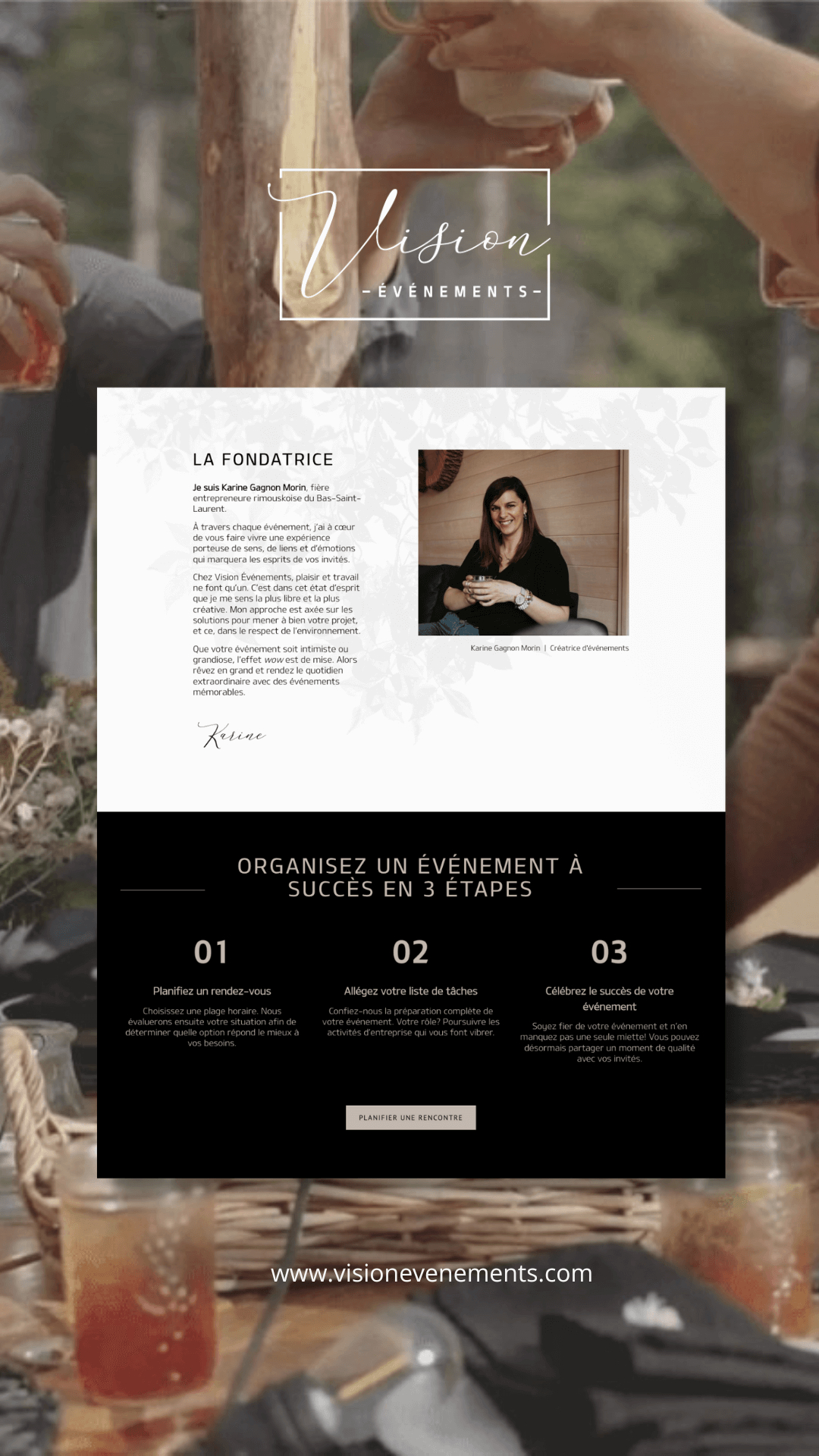 Karine, la fondatrice de Vision Événements à Rimouski - Bas-Saint-Laurent, QC - Site web One-Pager