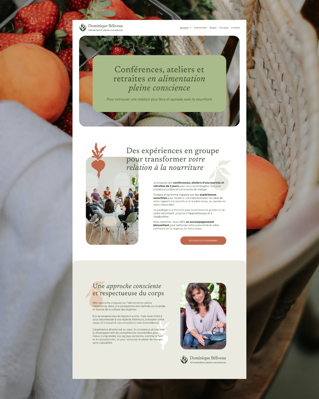Page services - refonte complète pour présenter les conférences, ateliers et retraites en alimentation pleine conscience, organisés par Dominique Béliveau - Projet de refonte web par Mandala Web Media