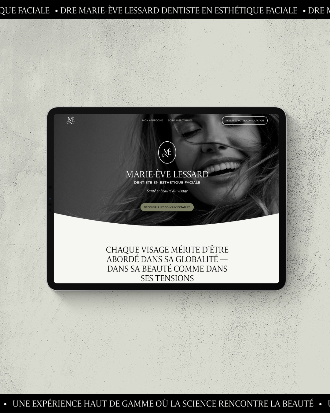 En-tête de la page web pour Dre Marie-Ève Lessard - Dentiste en esthétique faciale à Sherbrooke (Québec)