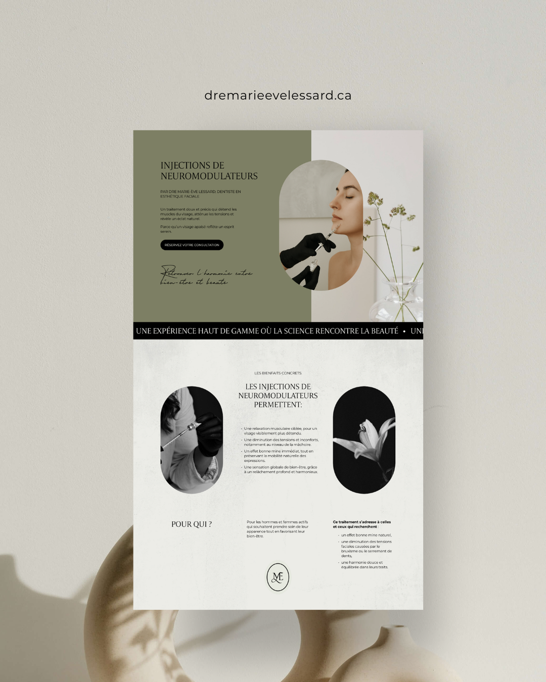 Page web pour présenter les injections neuromodulateurs pour la santé et beauté du visage à Sherbrooke.