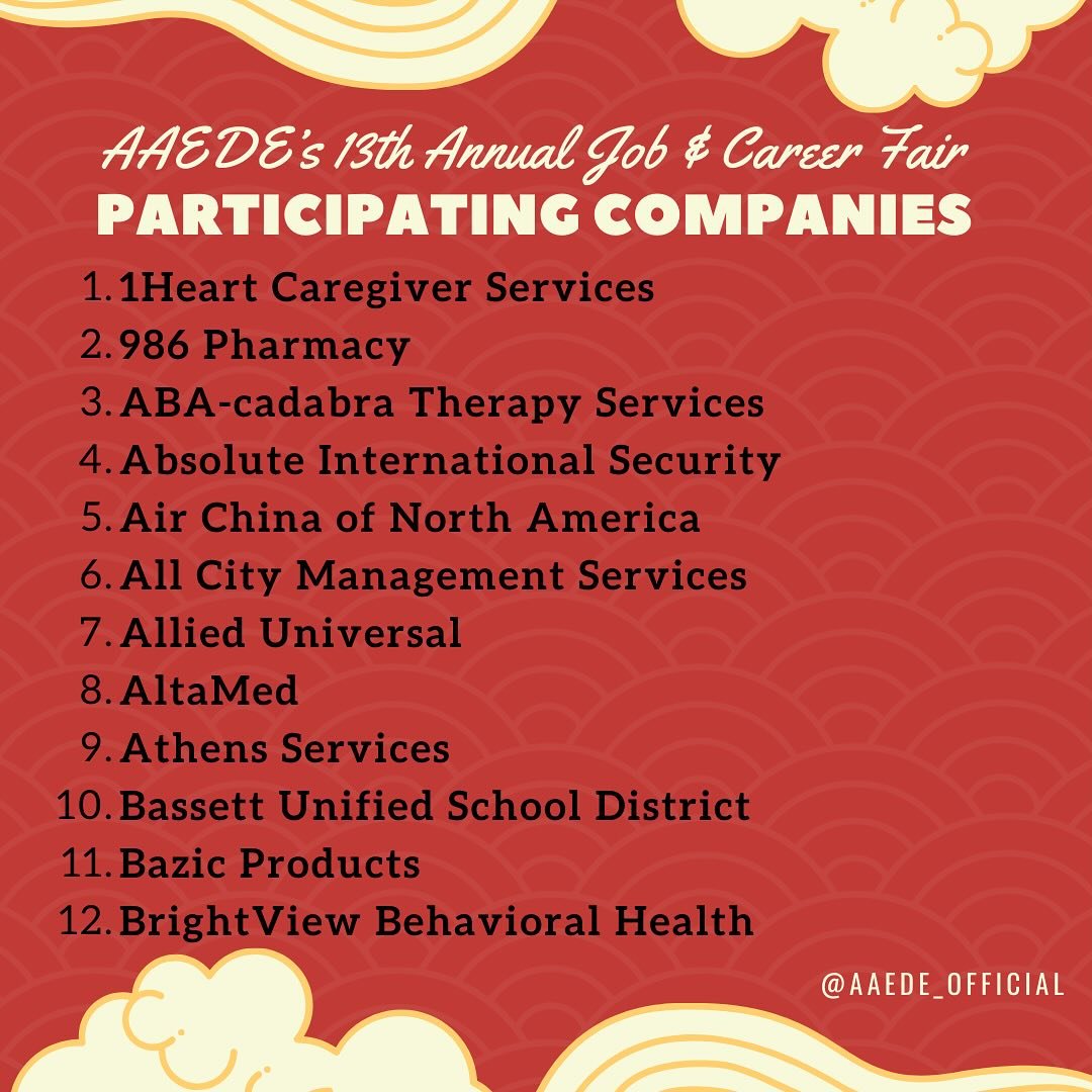 UPDATE: South Pasadena San Marino YMCA is now replaced with Securitas Security Services and OptiNizers is no longer attending. 

With the AAEDE 13th Annual Job and Career Fair only 2 days away, we are beyond excited to share our list of participating