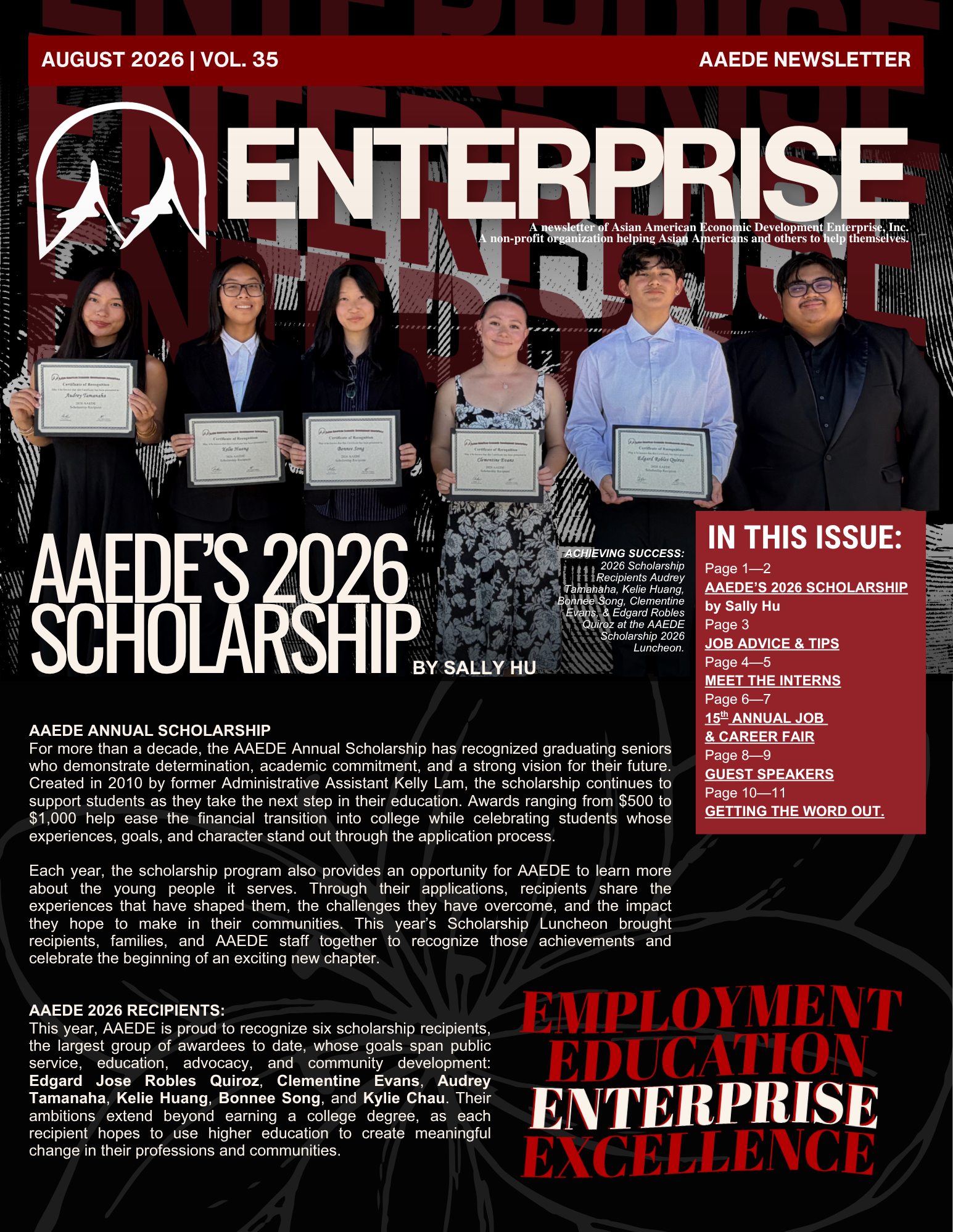 Cover page of the August 2026 AAEDE Newsletter featuring a group photo of scholarship recipients, with titles and articles about the AAED scholarship program and winners.