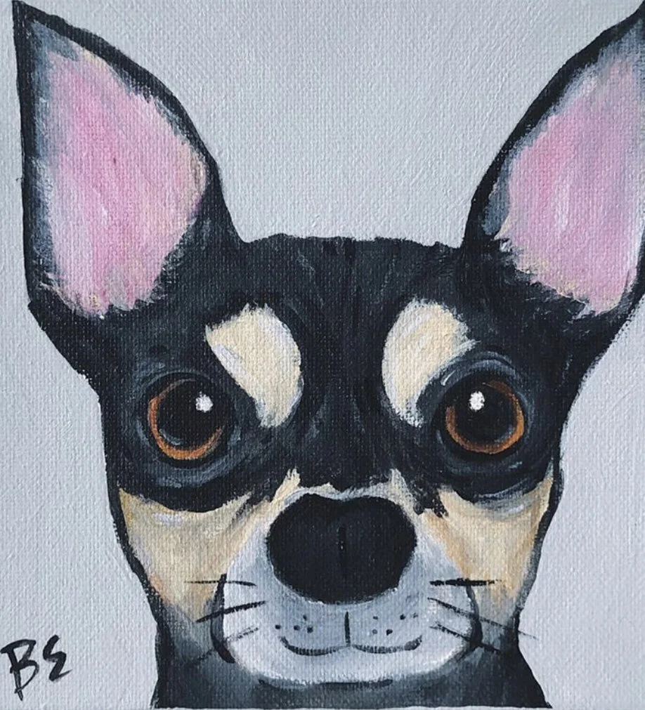 "LOPEZ" (6x6"); sold, custom mini-chi pet portrait painting