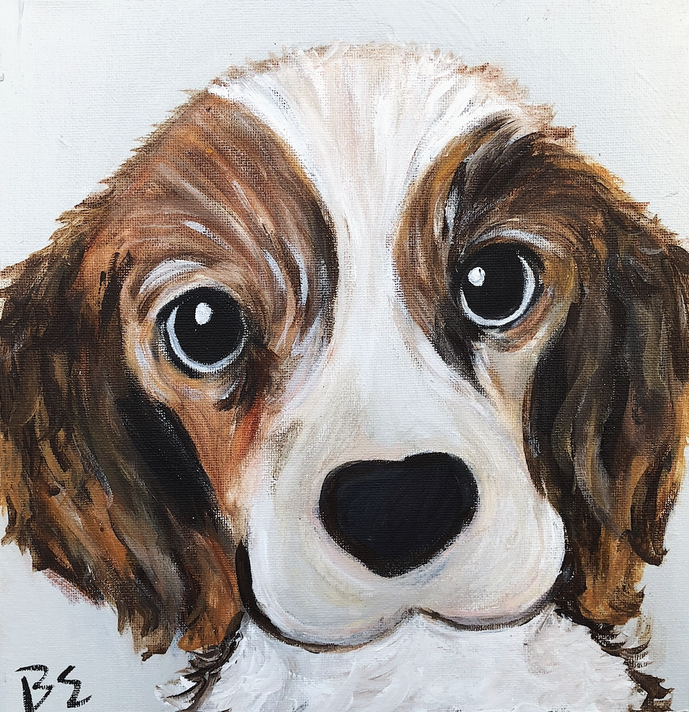 "RICO" (10x10"); sold, custom king charles cavalier pet portrait painting