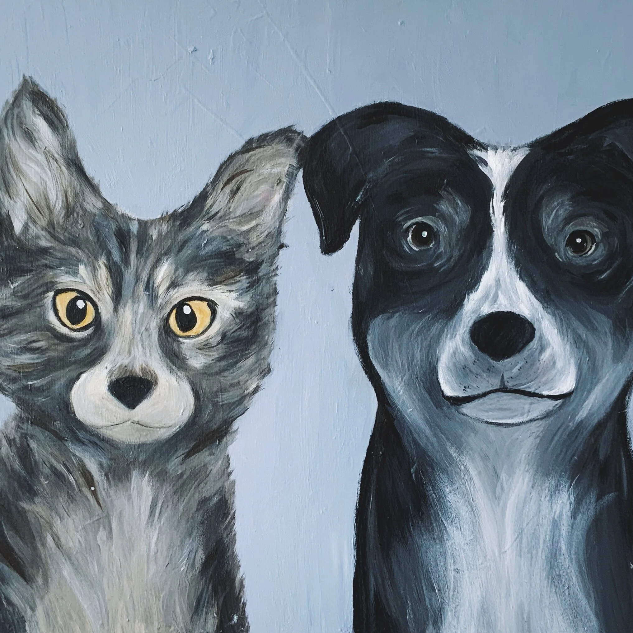 "FREYA AND ODIN" (24x36"); sold, custom cat and pit bull pet portrait painting