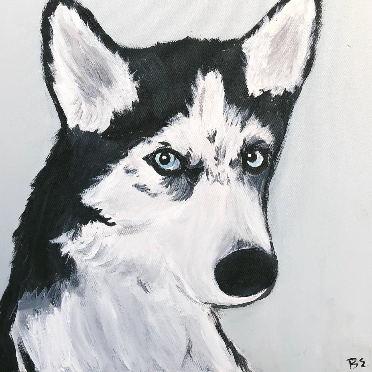 "SABER" (16x16"); sold, custom siberian husky pet portrait painting