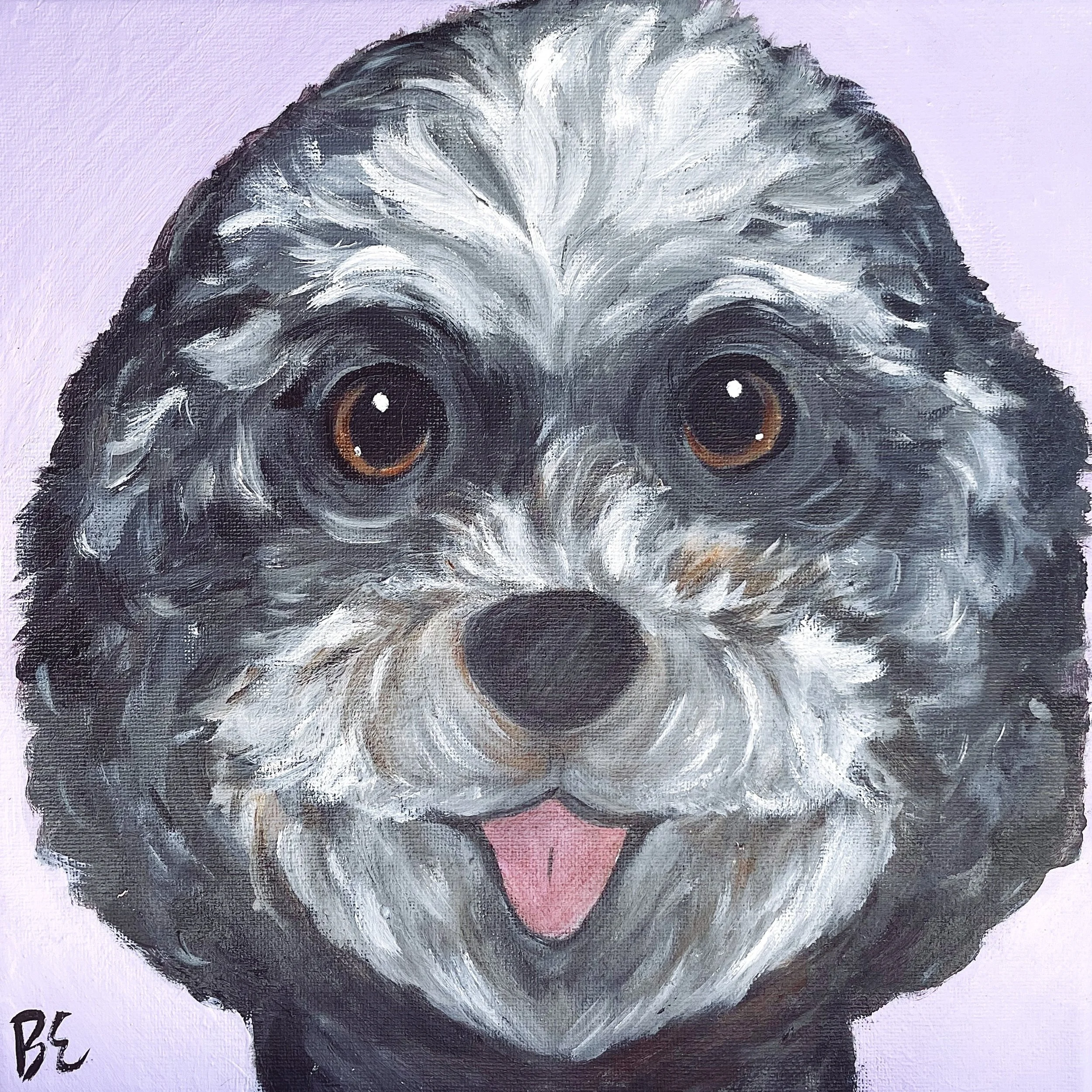 "CJ" (10x10"); sold, custom chocolate-golden-doodle pet portrait painting