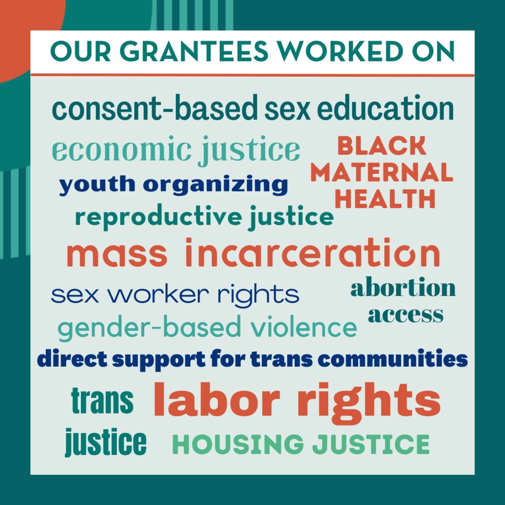  Image Text: Our grantees worked on: consent-based sex education, economic justice, Black maternal health, youth organizing, reproductive justice, mass incarceration, sex worker rights, abortion access, gender-based violence, direct support for trans