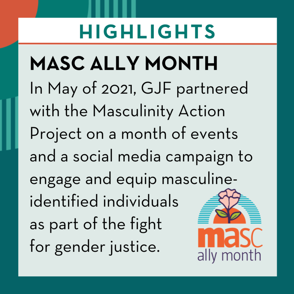  Image Text: Highlights: MASC ALLY MONTH - In May of 2021, GJF partnered with the Masculinity Action Project on a month of events and a social media campaign to engage and equip masculine-identified individuals as part of the fight for gender justice