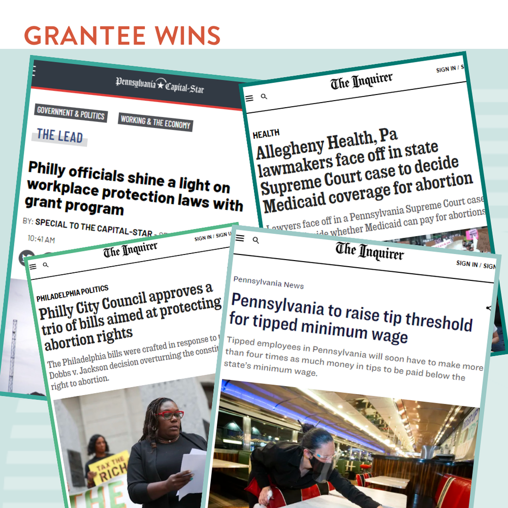  Image Description: Four images of newspaper headlines that read:  Philly officials shine line on workplace protection laws with grant program  Allegheny Health, PA lawmakers face off in state supreme court case to decide Medicaid coverage for aborti