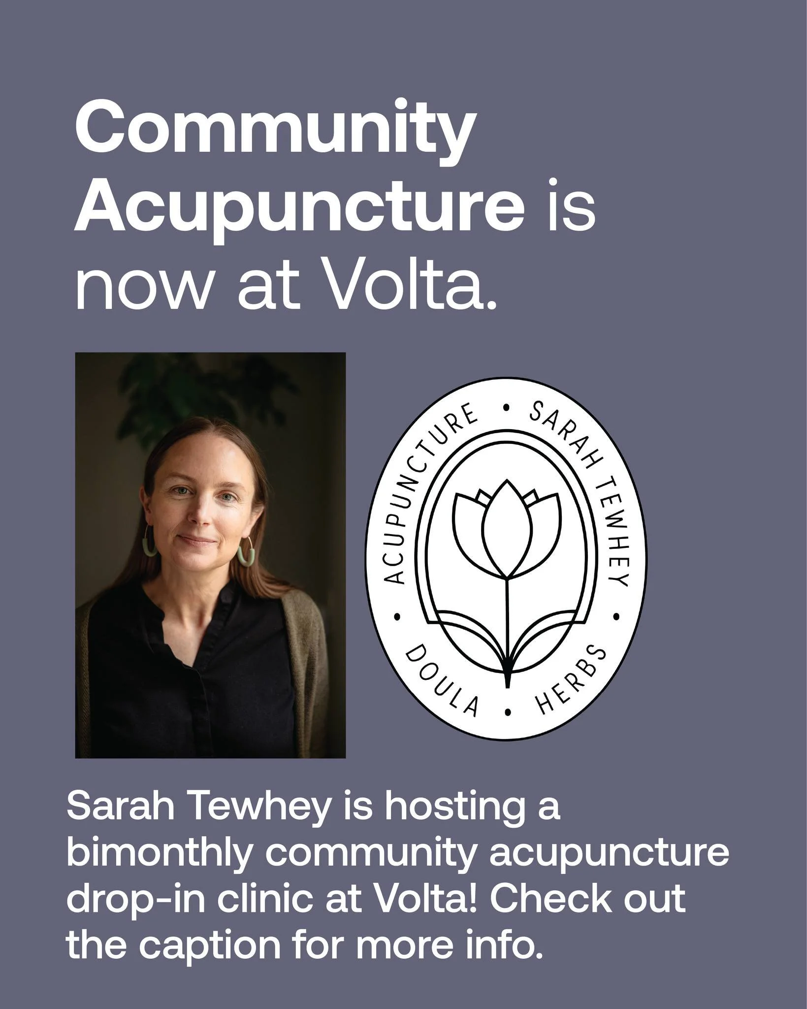 Join Sarah Tewhey for a bimonthly drop-in community acupuncture clinic at Volta! 
Check out upcoming dates below. 

❓What is Community Acupuncture? How does it work? 
Community acupuncture is done in a group setting and allows for treatments that fee