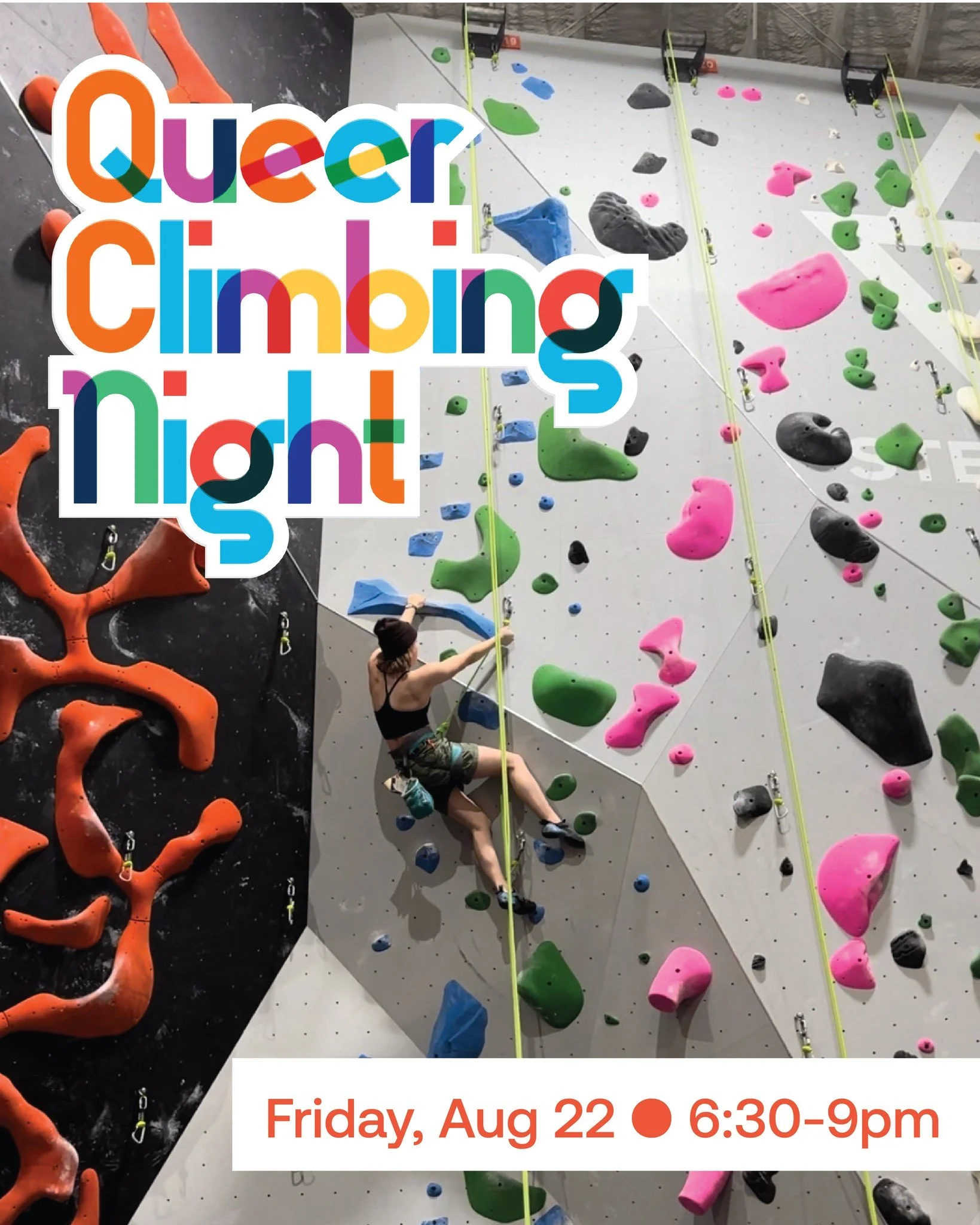 FRI. AUG 22 &bull; 6:30-9p 🏳️&zwj;🌈🏳️&zwj;⚧️ Queer Climbing Night

✨no experience necessary &bull; chill vibes &bull; make friends &bull; build community✨

We encourage everyone who has interest in climbing in an intersectional and queer-friendly 