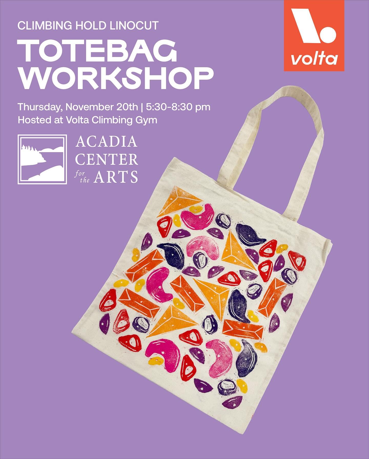 We&rsquo;ve got two exciting workshops with Acadia Center for the Arts (@artwaves_mdi ) on the calendar 🗓️ These are both hosted @voltaclimbing! 

🔗Link in the Volta bio for more registration and more information. 

👜🎨MAKE A LINOCUT CLIMBING HOLD
