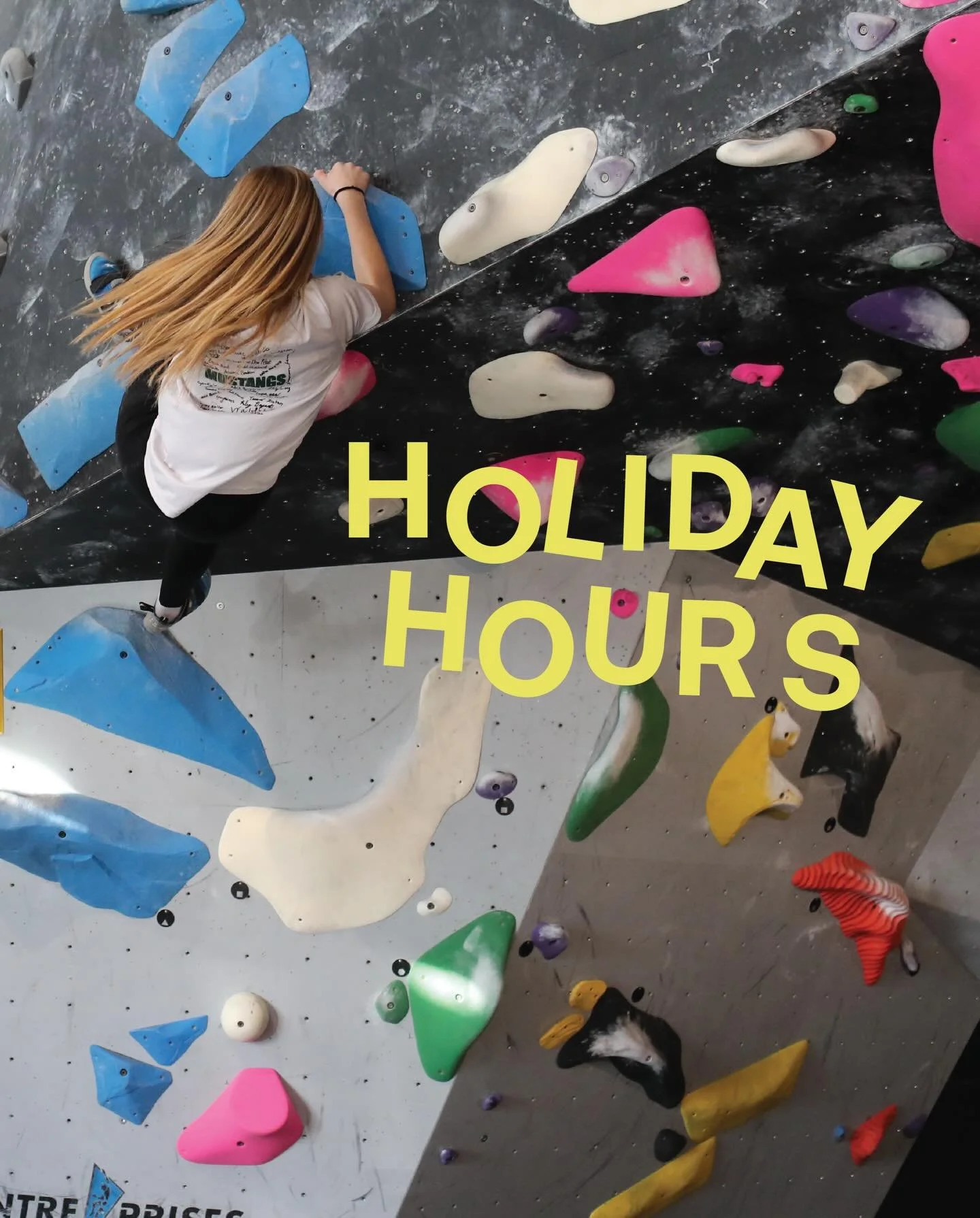 ✨ 🕐 Holiday Hours

All regular hours, EXCEPT

Christmas Eve &bull; DEC 24 &bull; 10a&ndash;5p, no staff belay
Christmas &bull; DEC 25 &bull; CLOSED
New Year&rsquo;s Eve &bull; DEC 31 &bull; 10a&ndash;5p, no staff belay
New Year&rsquo;s Day &bull; JA