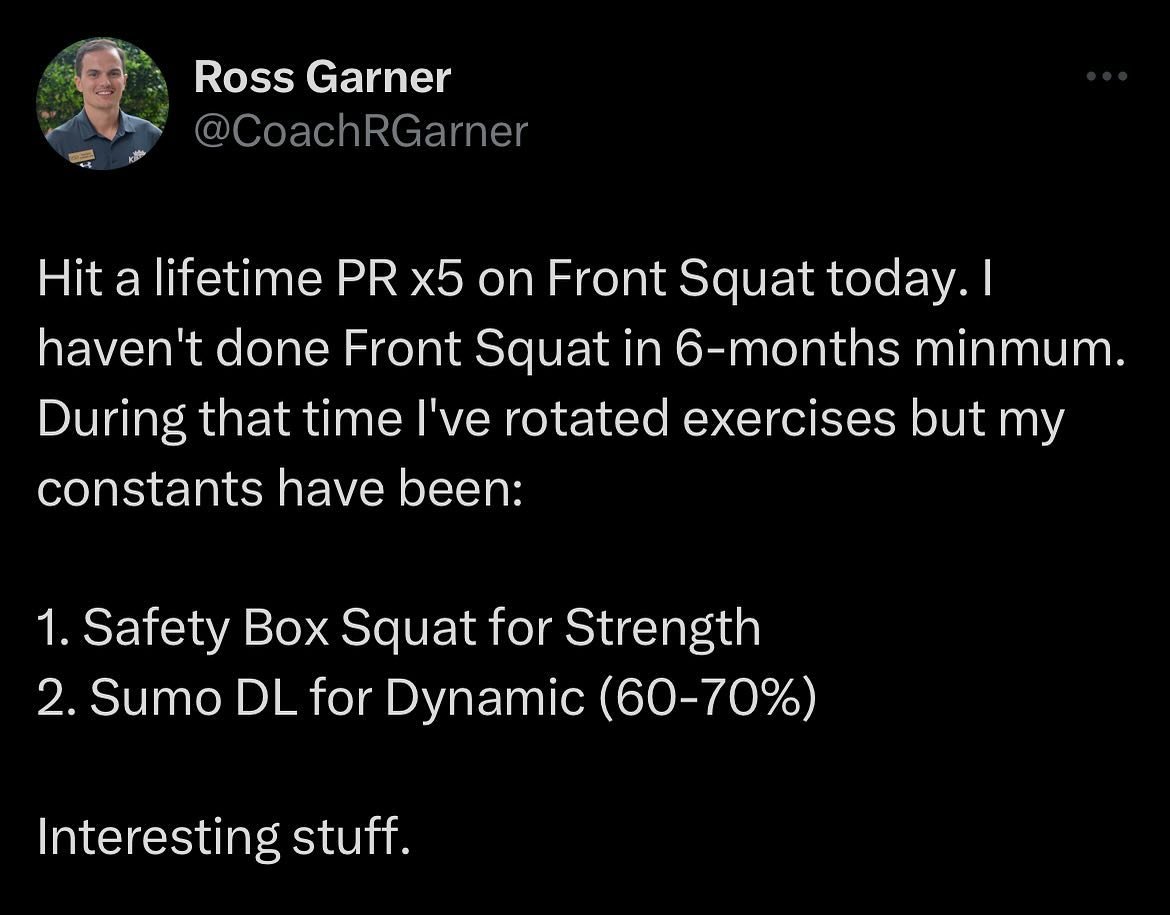 We haven&rsquo;t done front squat in at least 6-months. We have hammered the following main movements through strength and dynamic protocols 

Safety Bar Box Squats
Sumo Deadlift
2 Block DL

Took a little different approach than I normally do and got