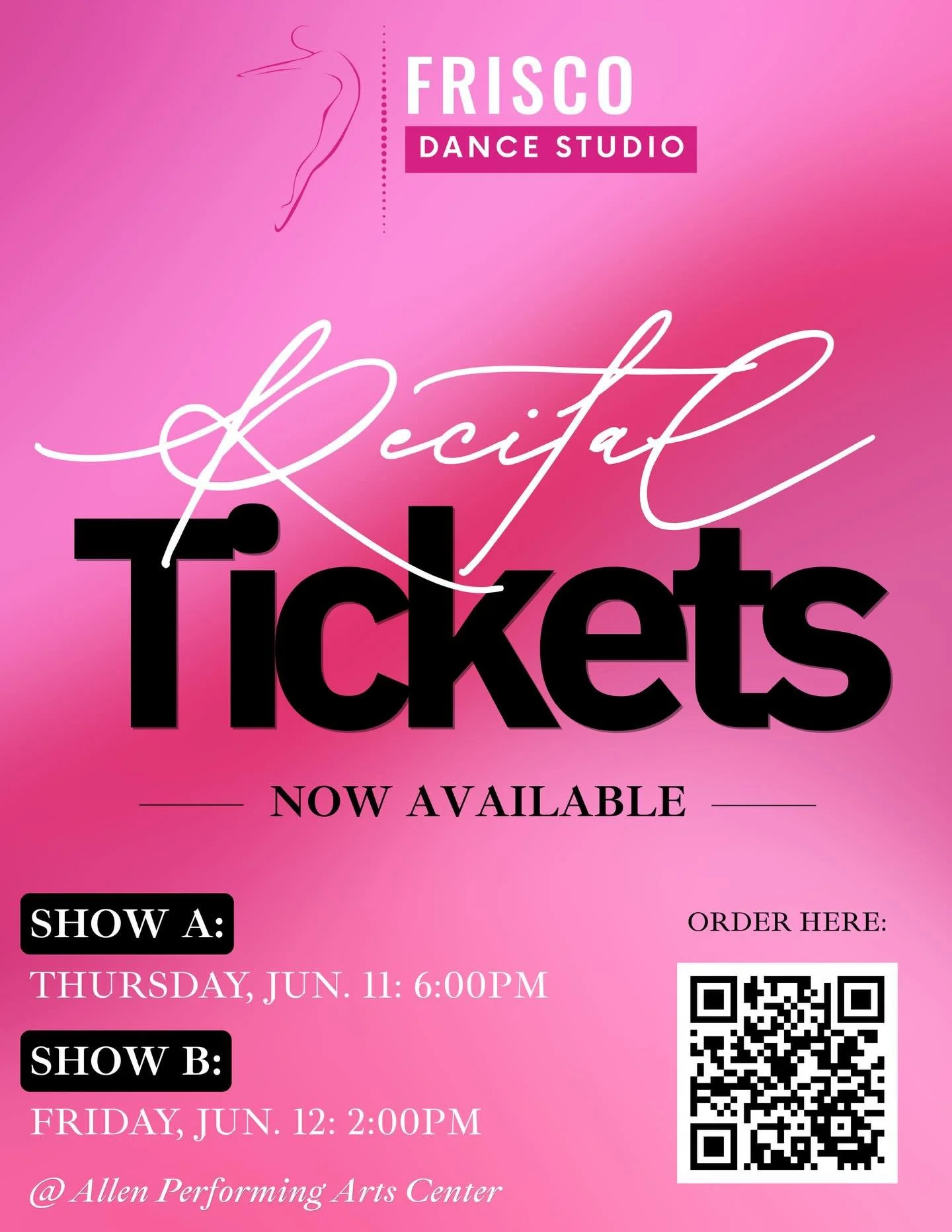 🩷🪩 Recital Tickets Are LIVE! 🪩🩷

We can&rsquo;t wait to see our dancers shine in our end of year recital! ✨ Tickets for this year&rsquo;s dance recital are now officially available for purchase!

🎟️ Important details:
🪩 Dancers do NOT need a ti