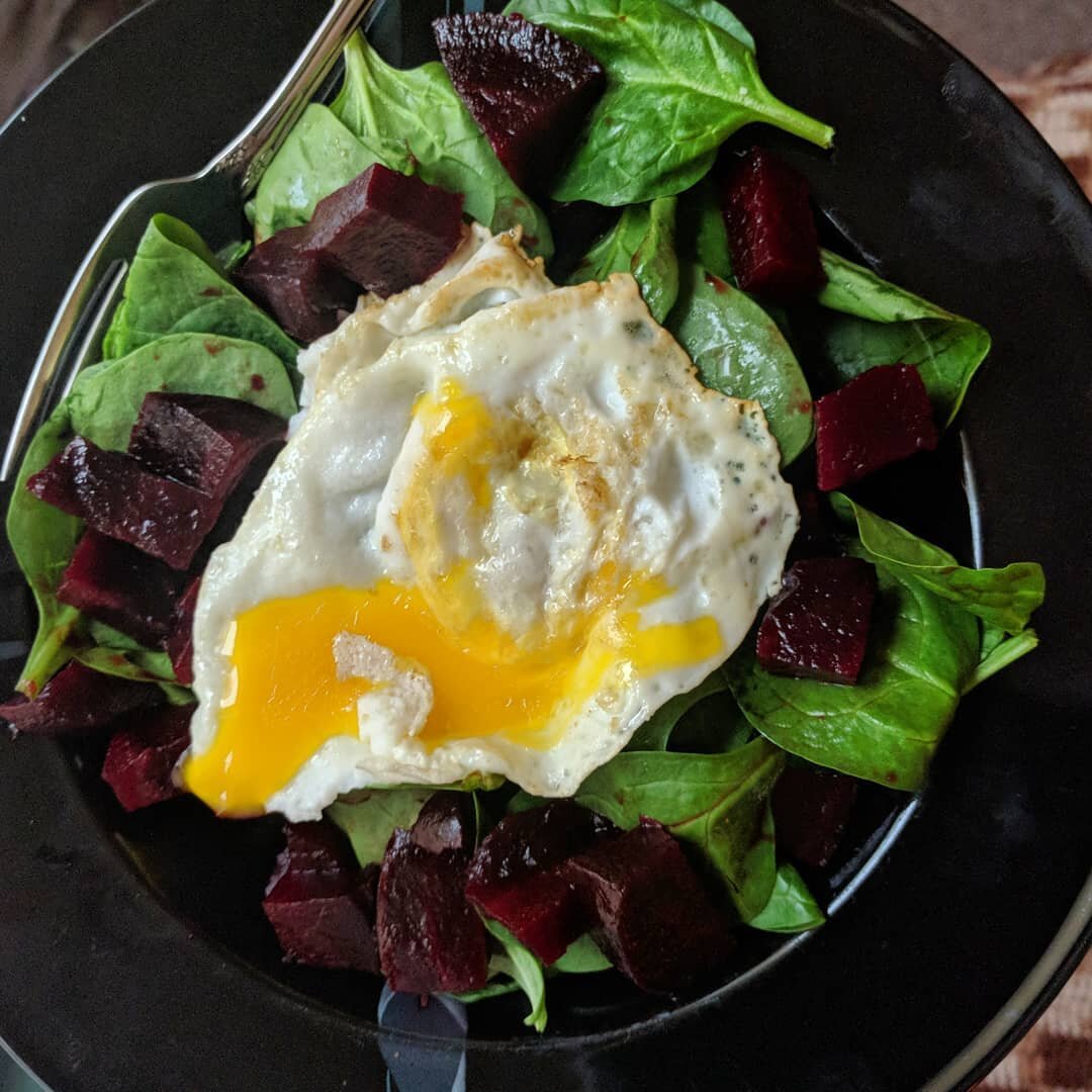 Beets.
Breakfast.
B vitamins (count 'em.) Put one foot in front of the other.

Couple Large Handfuls of Spinach
1/2 a roasted beet
1 over easy egg

Throw in a bow, or perhaps on a plate! Enjoy!

Life pro tip: rinse any plate that has egg yolk on it a