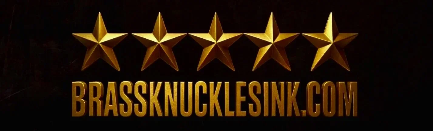 Five gold stars above the text "BRASSNUCKLESINK.COM" in gold letters on a black background.
