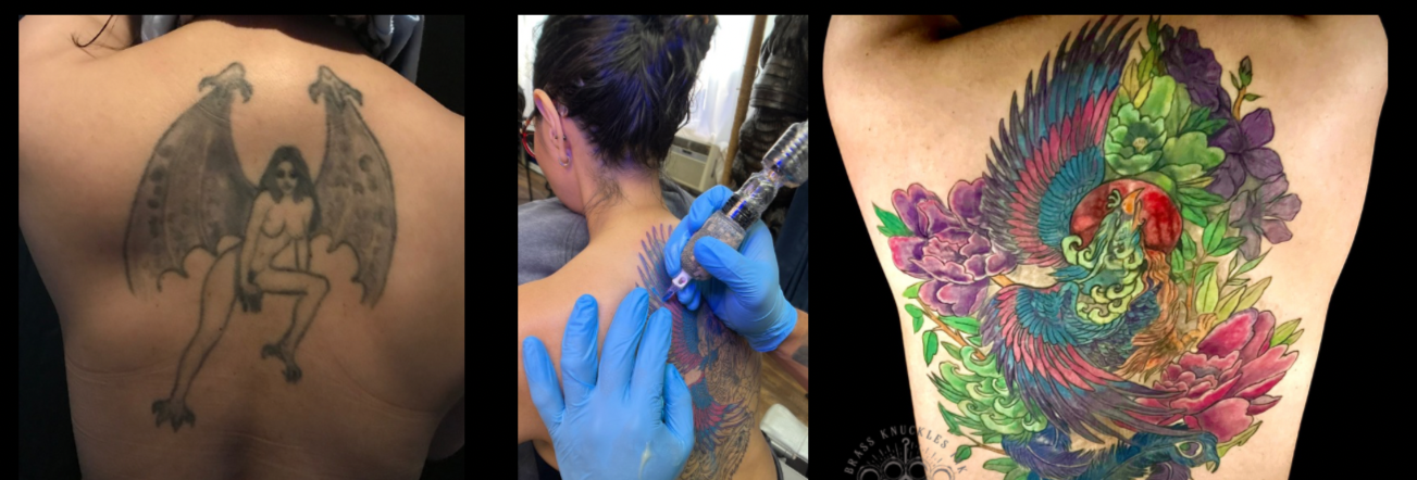 Before and after reworking old tattoo at Bronx Tattoo Studio