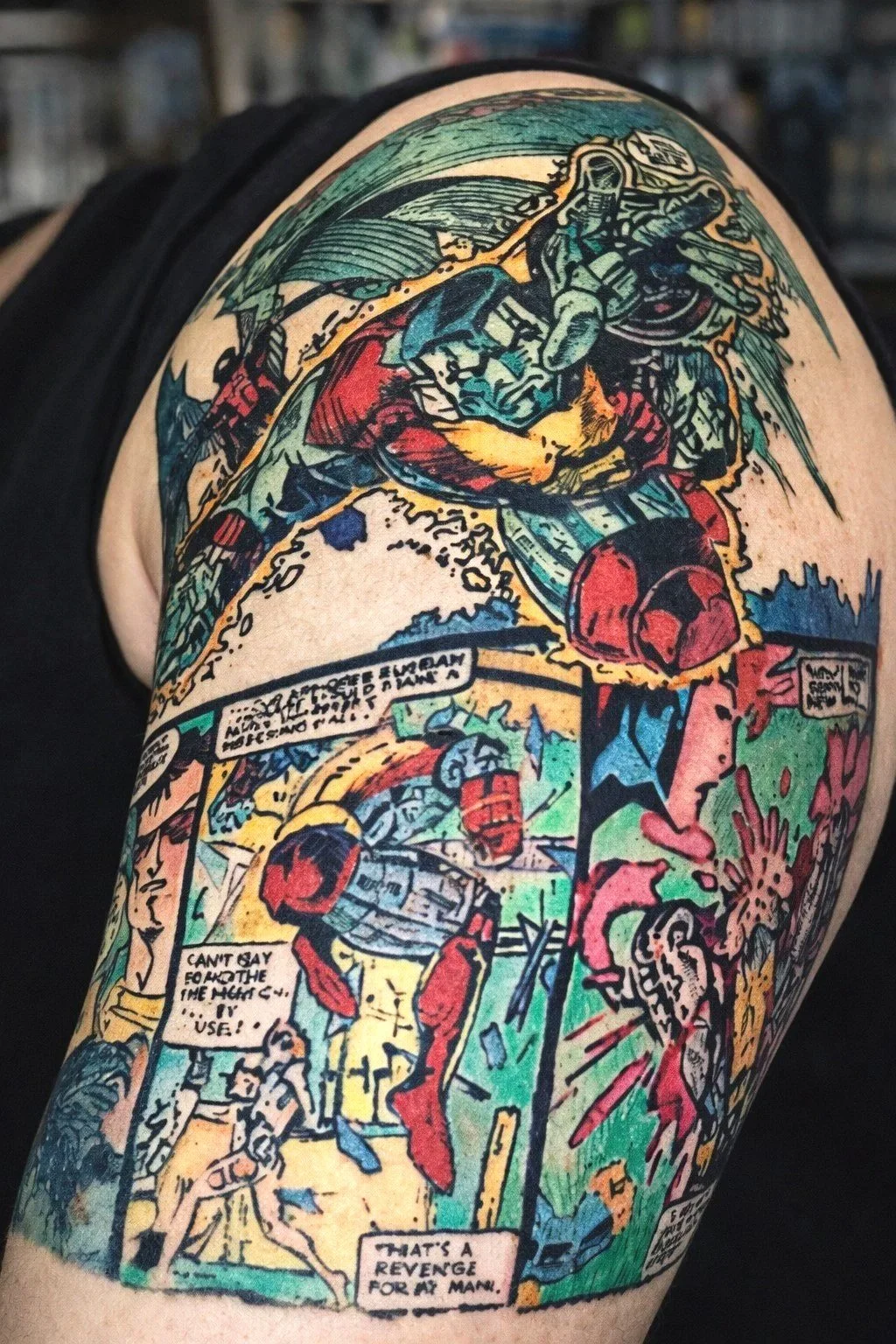 Full color X-Men comic book style tattoo sleeve featuring dynamic superhero panels, bold linework, and vintage comic textures, tattooed at a custom tattoo studio in the Bronx, NYC.